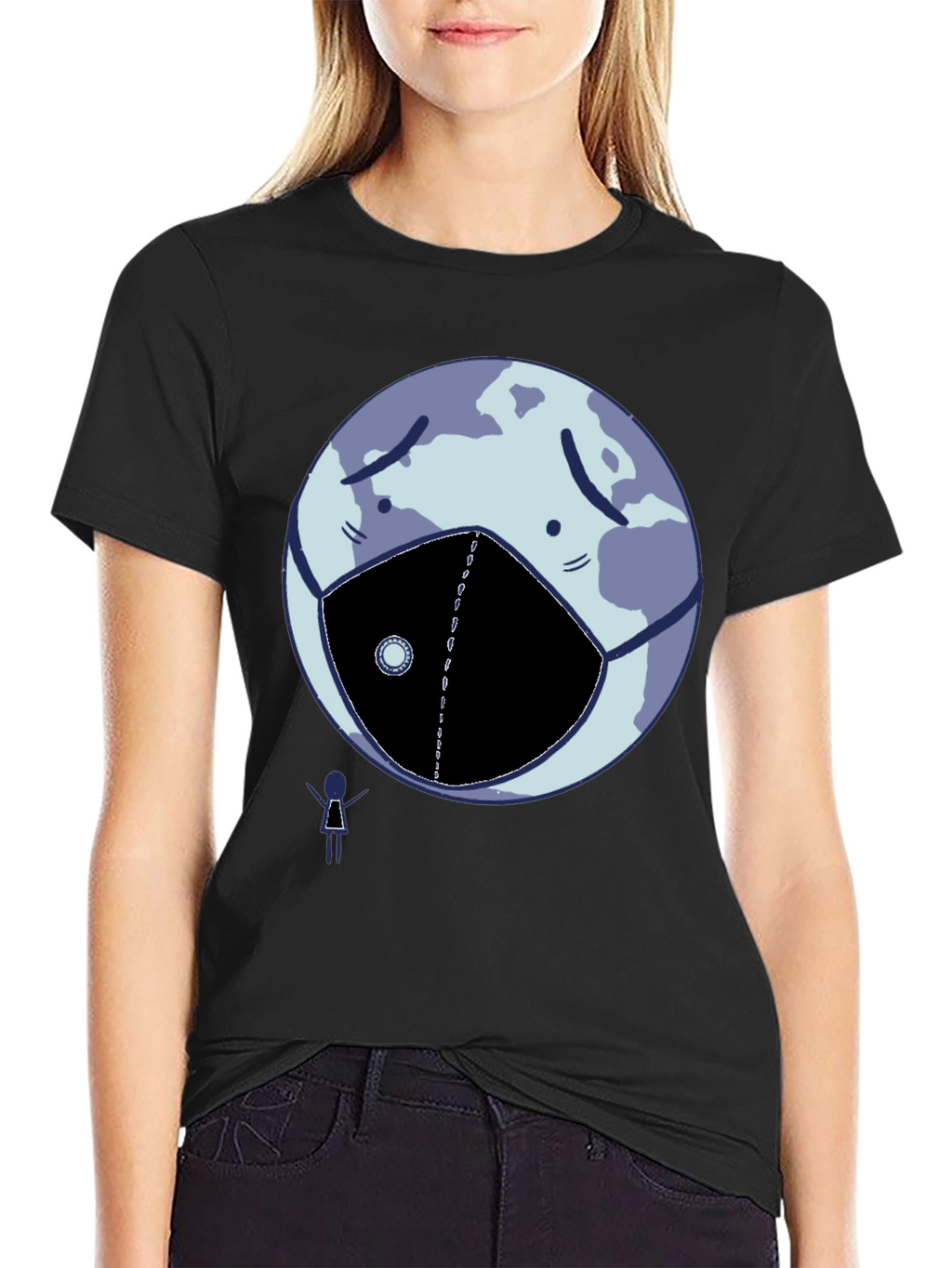 Earth Wearing Mask Graphic Tee - Black Cotton