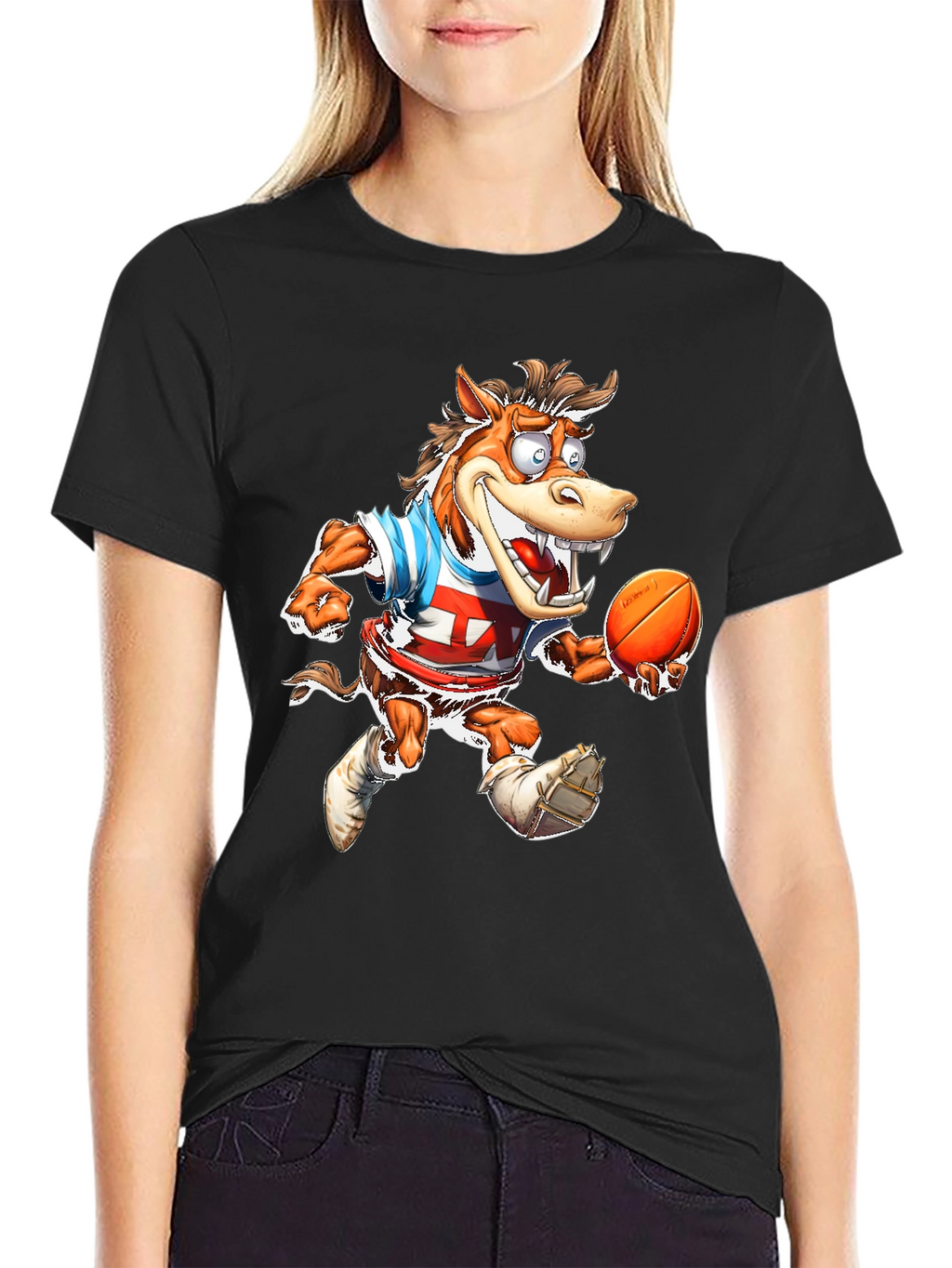 Cartoon Horse Football T-Shirt - Black Cotton Tee