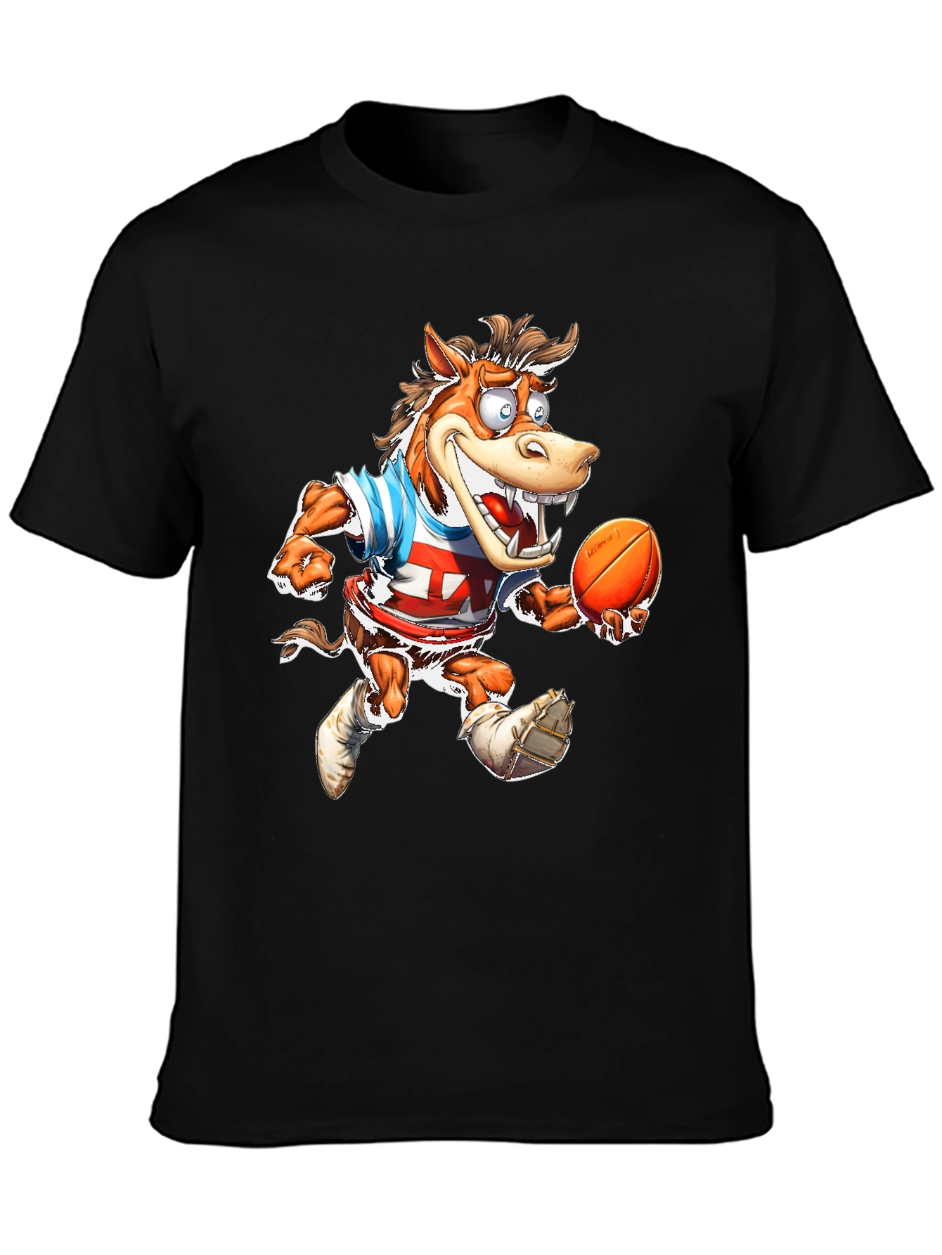 Cartoon Horse Football T-Shirt - Black Cotton Tee