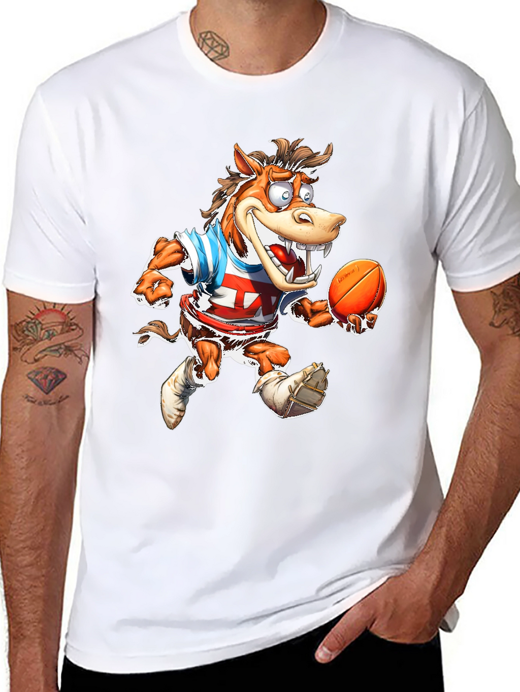 Cartoon Horse Football T-Shirt - Black Cotton Tee