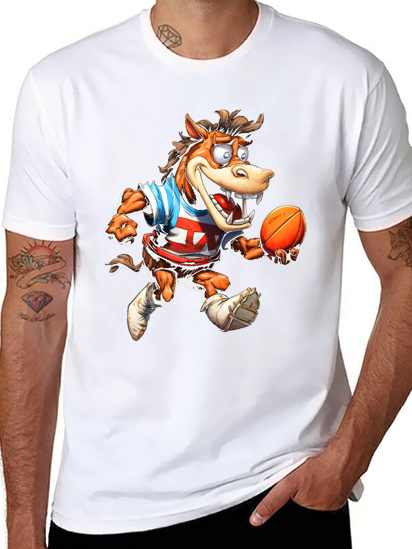 Cartoon Horse Football T-Shirt - Black Cotton Tee