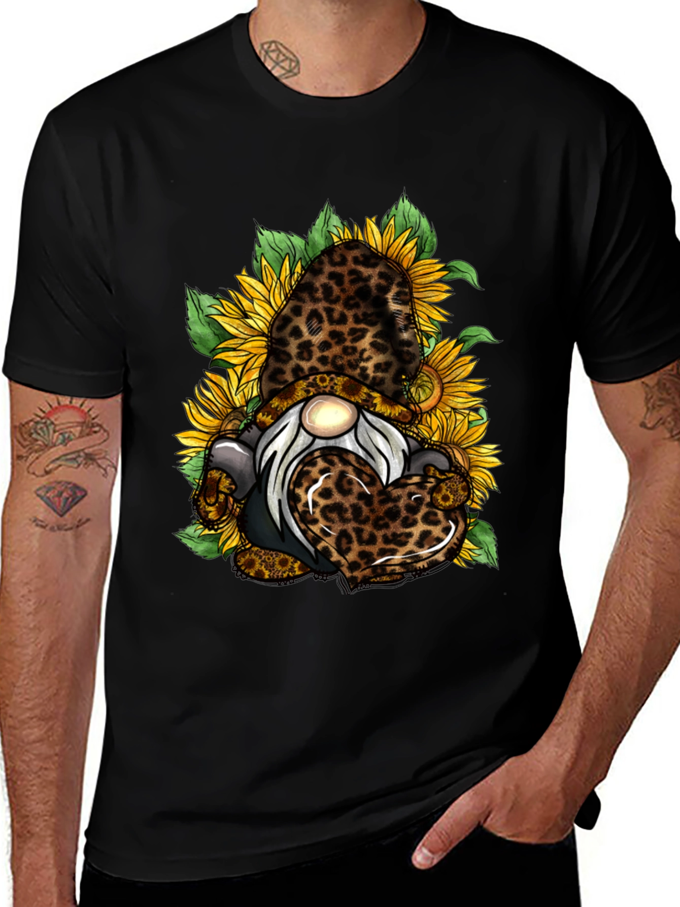 Leopard Sunflower Gnome Graphic T-Shirt