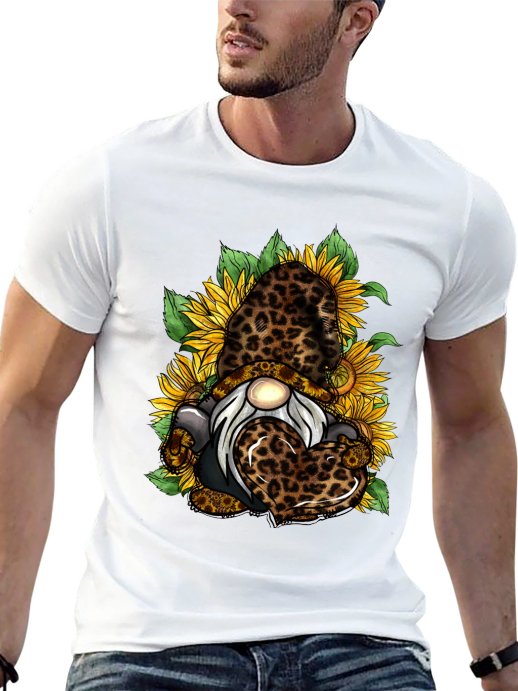Leopard Sunflower Gnome Graphic T-Shirt