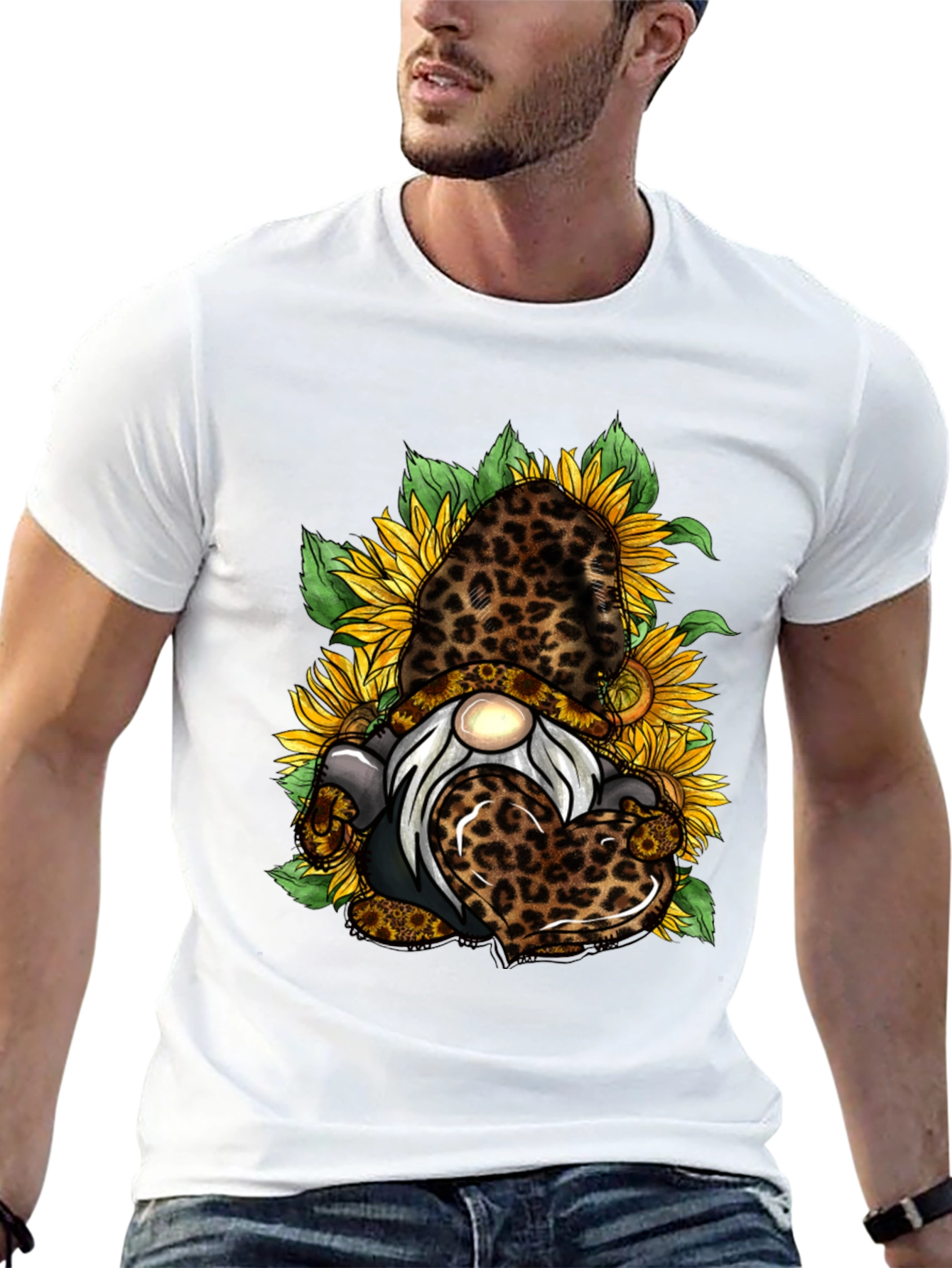 Leopard Sunflower Gnome Graphic T-Shirt