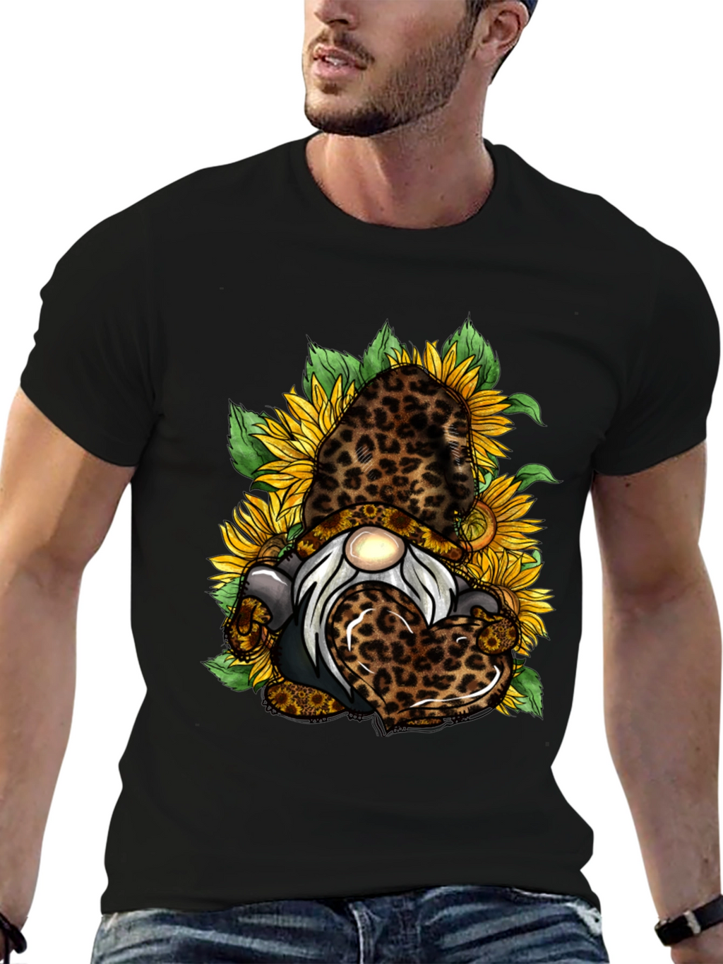 Leopard Sunflower Gnome Graphic T-Shirt