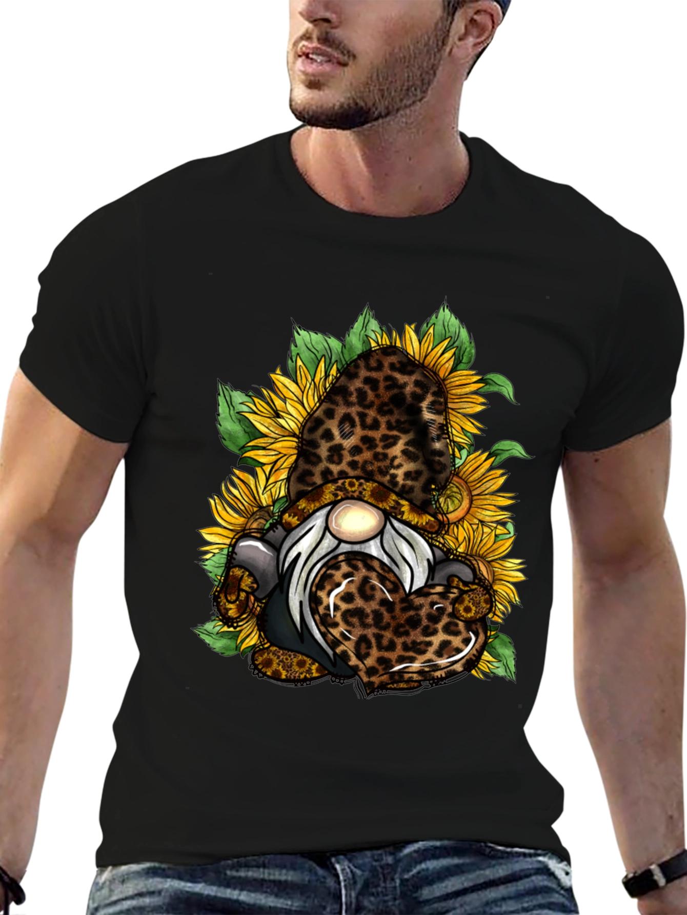 Leopard Sunflower Gnome Graphic T-Shirt