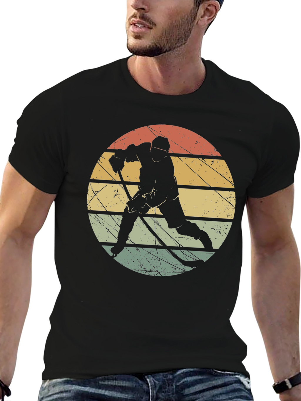Retro Hockey Player Black T-Shirt