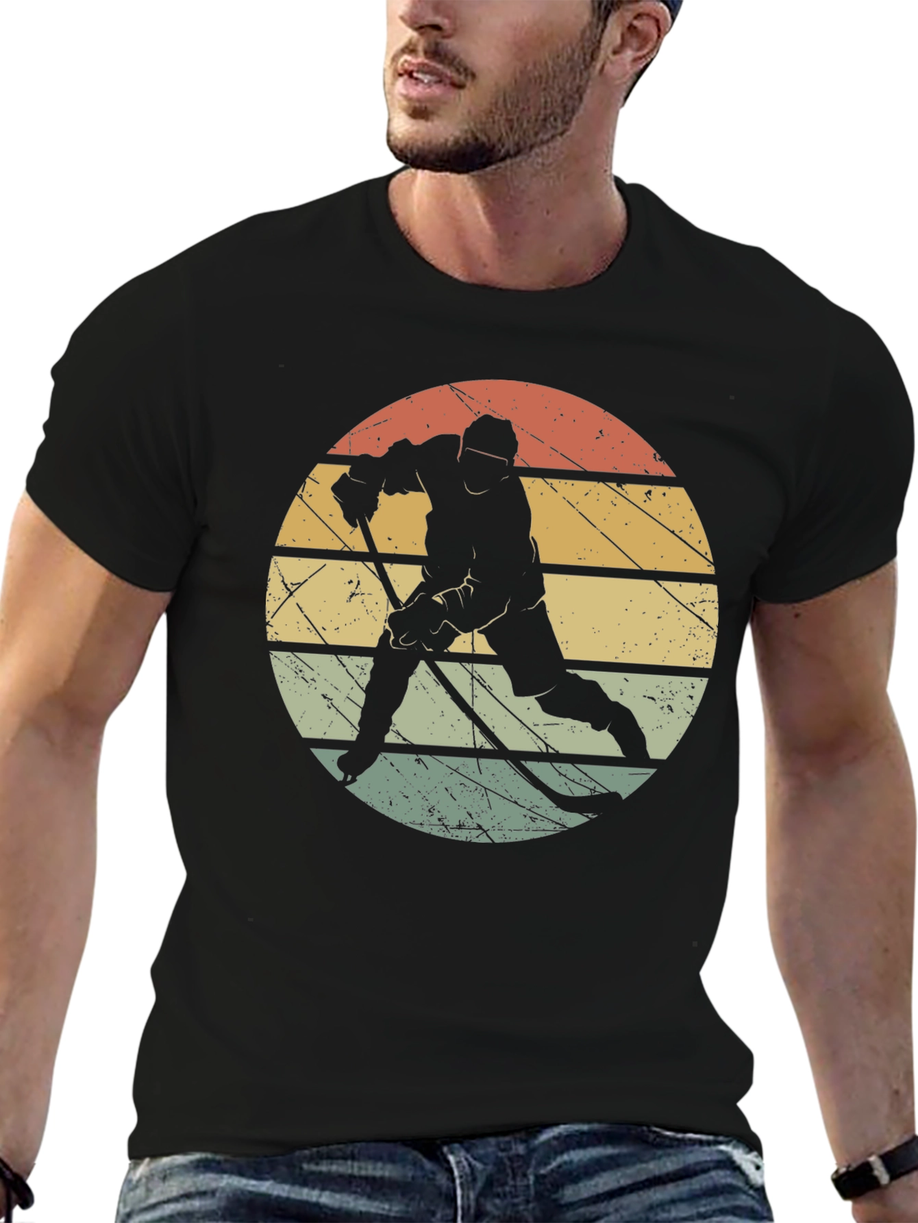 Retro Hockey Player Black T-Shirt