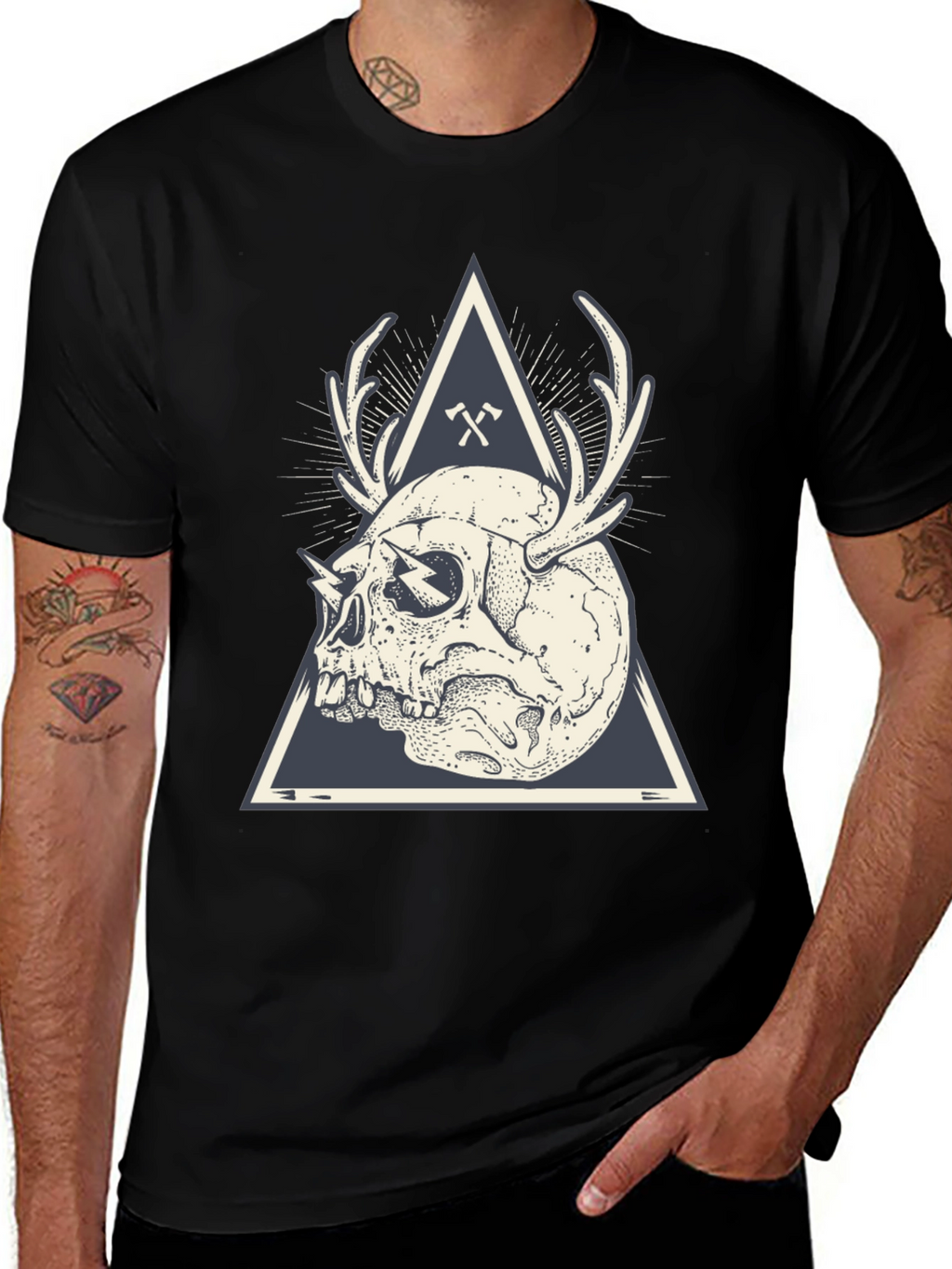 Skull & Antlers Graphic Print Crew Neck Tee