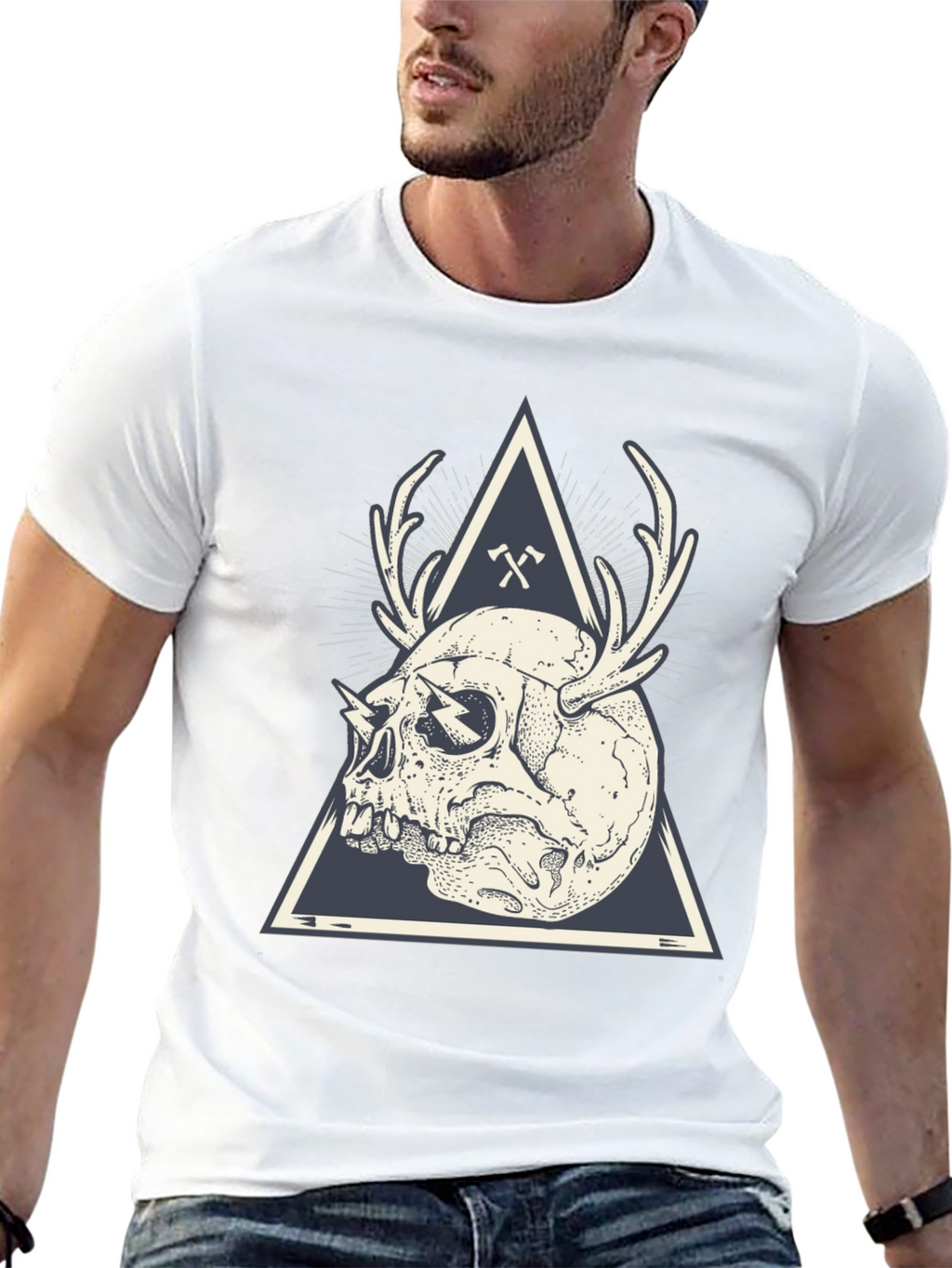 Skull & Antlers Graphic Print Crew Neck Tee