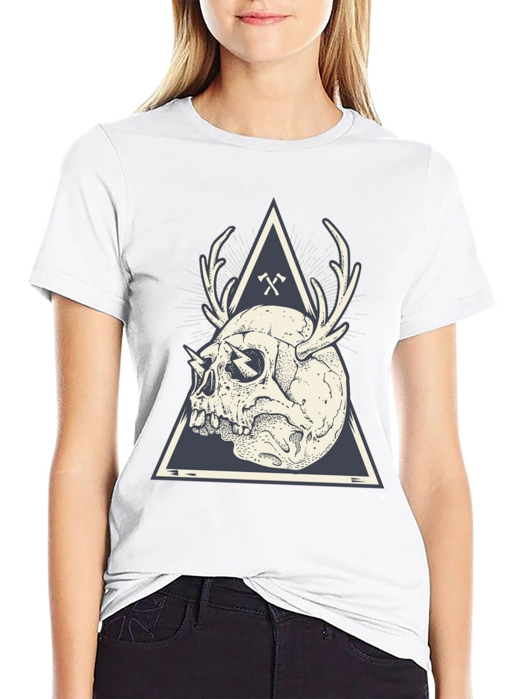 Skull & Antlers Graphic Print Crew Neck Tee