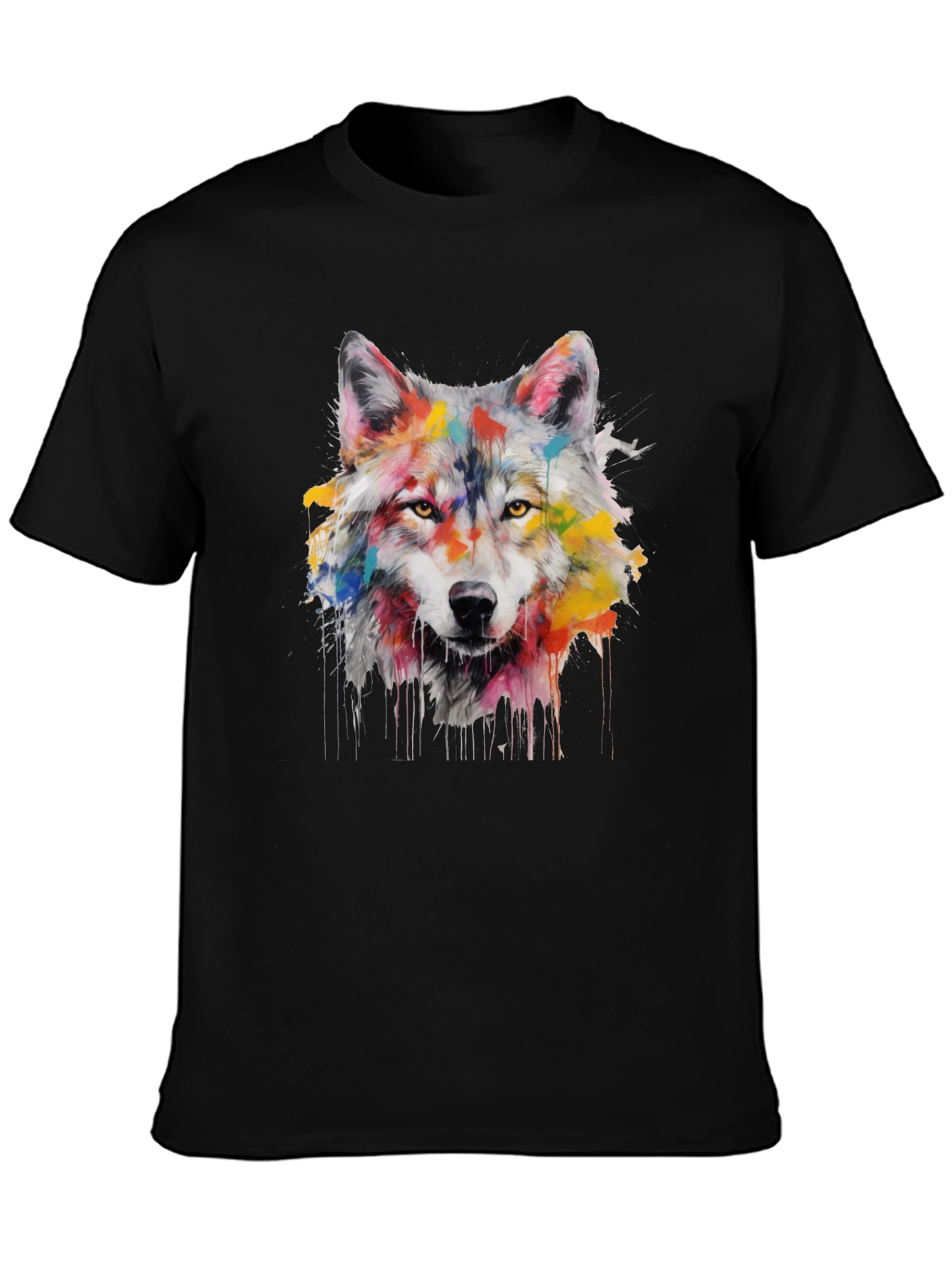 Colorful Wolf Graphic Print Black T-Shirt