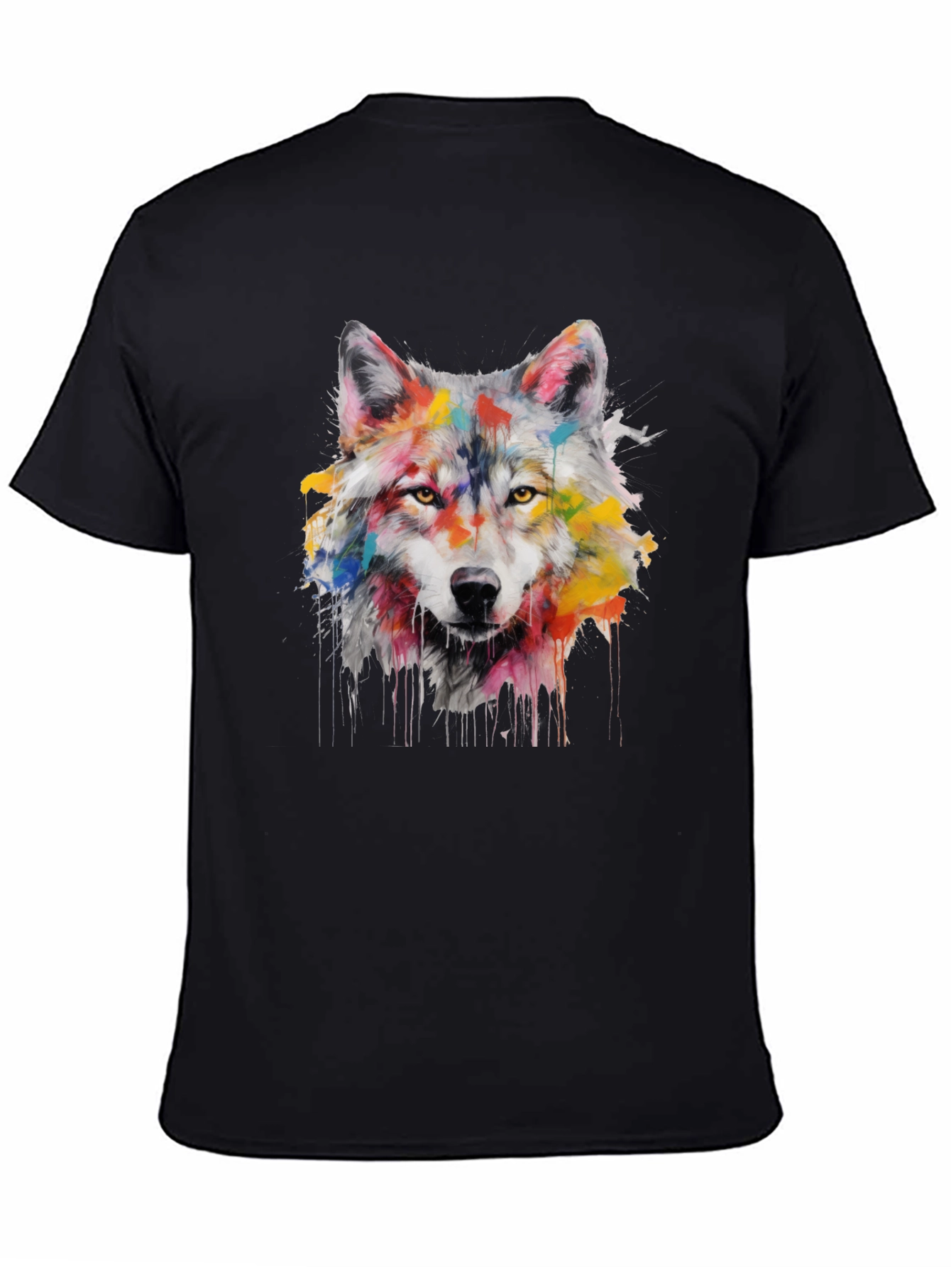 Colorful Wolf Graphic Print Black T-Shirt