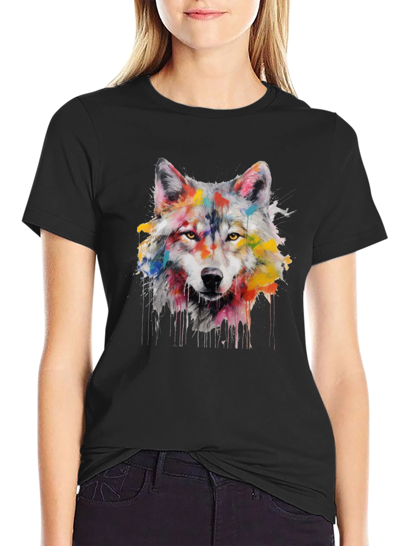 Colorful Wolf Graphic Print Black T-Shirt