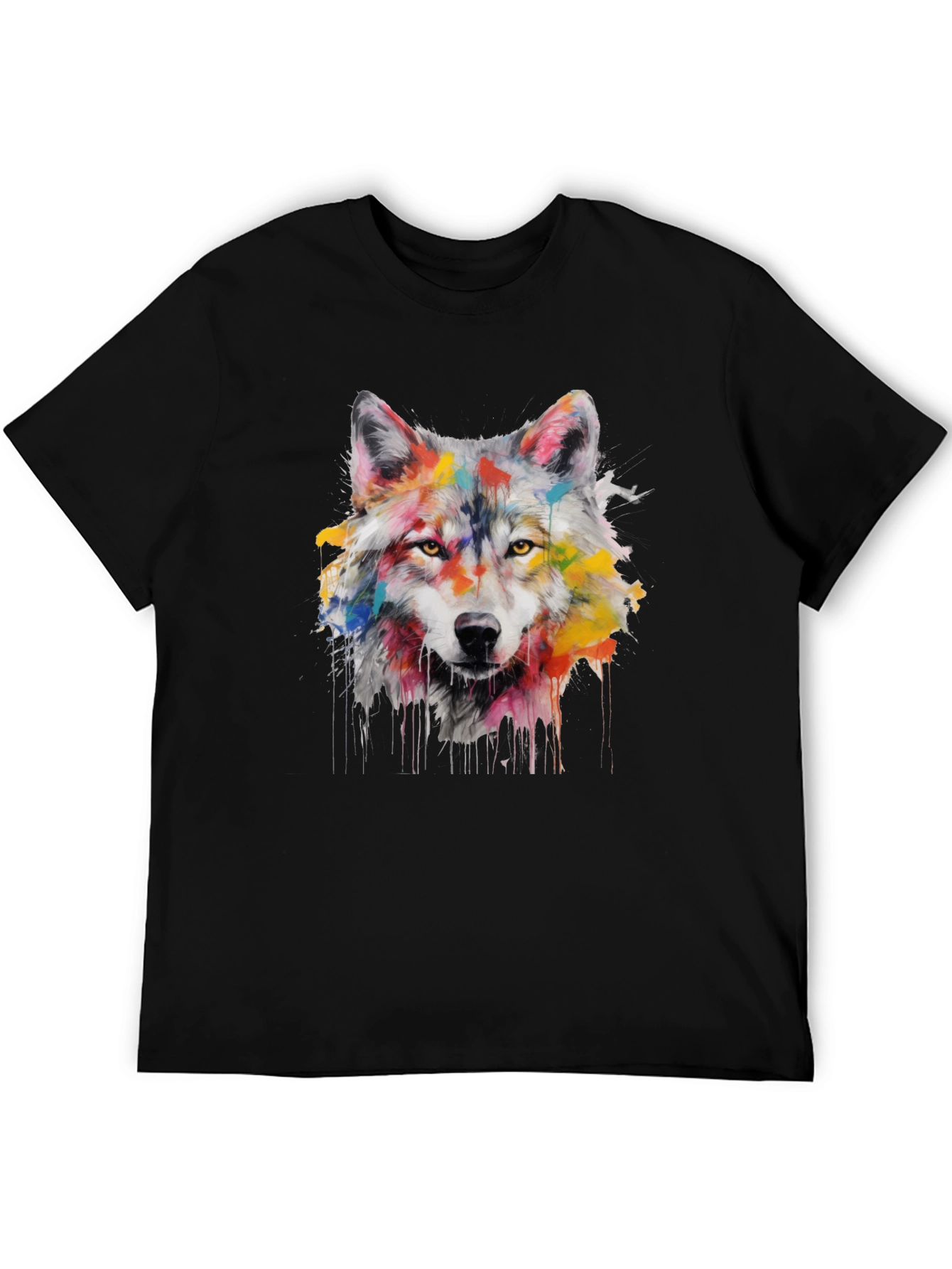 Colorful Wolf Graphic Print Black T-Shirt