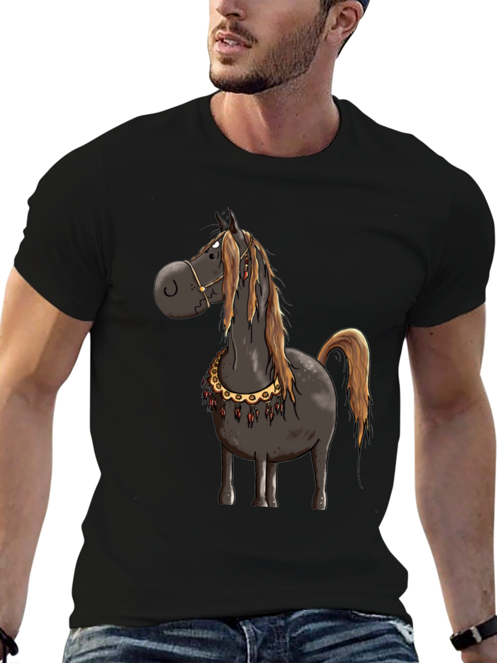 Cartoon Horse Graphic Tee - Black