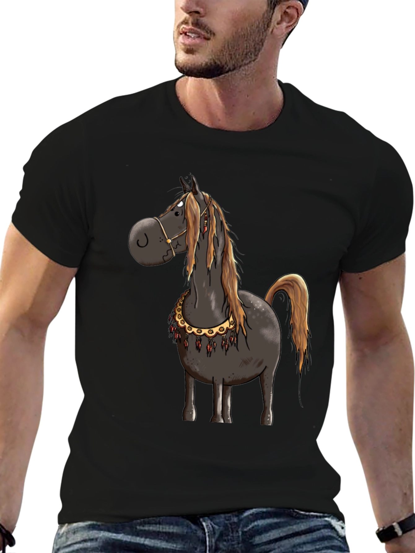 Cartoon Horse Graphic Tee - Black