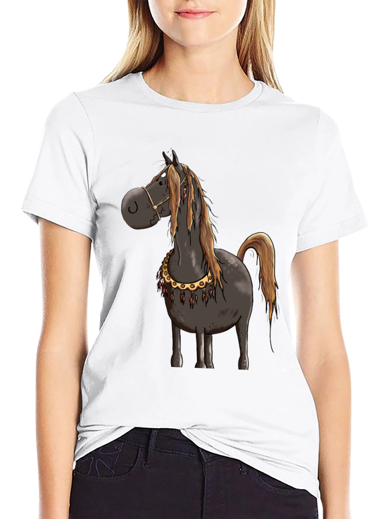 Cartoon Horse Graphic Tee - Black