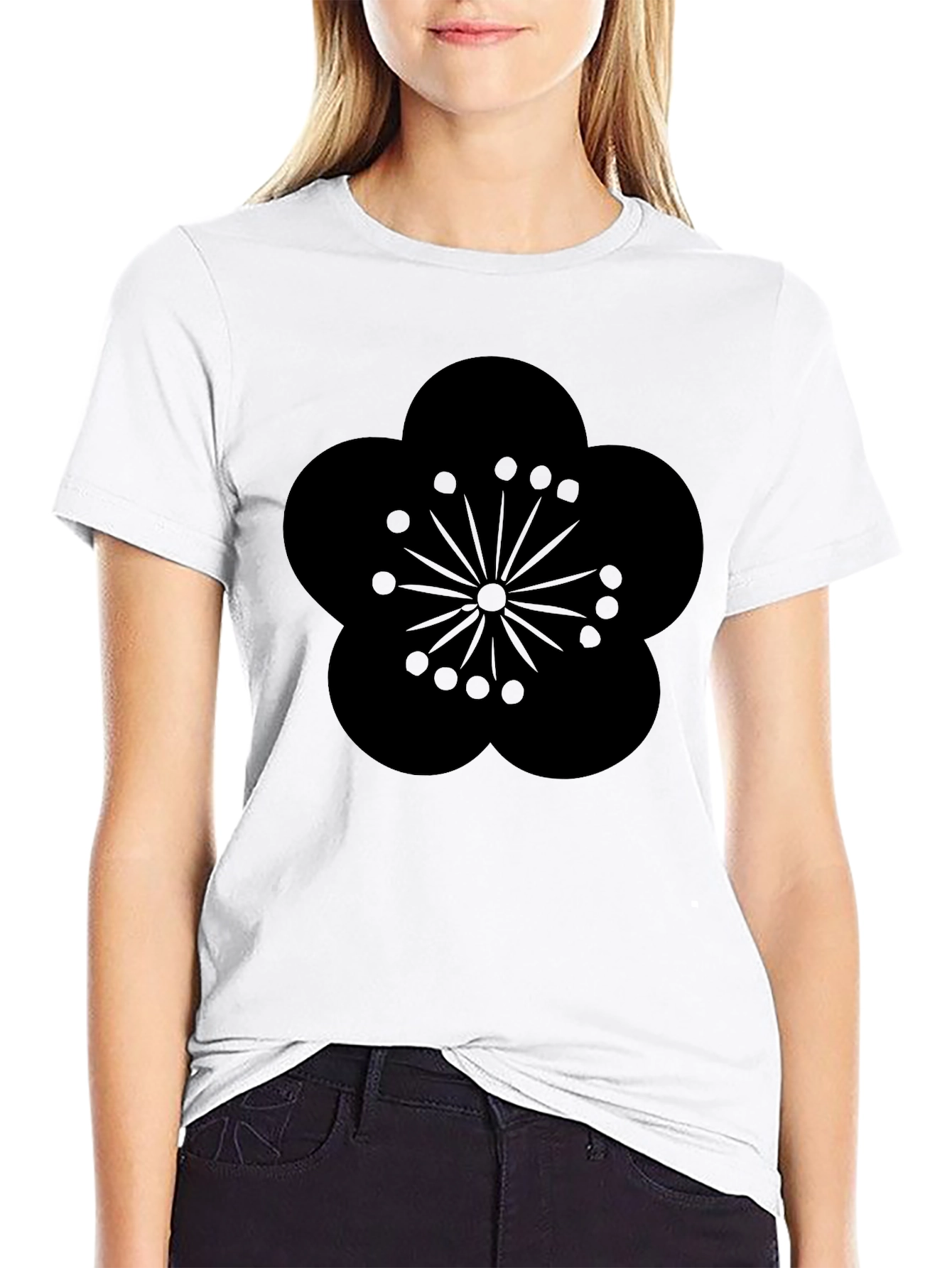 Mens Black T-Shirt with Plum Blossom Design