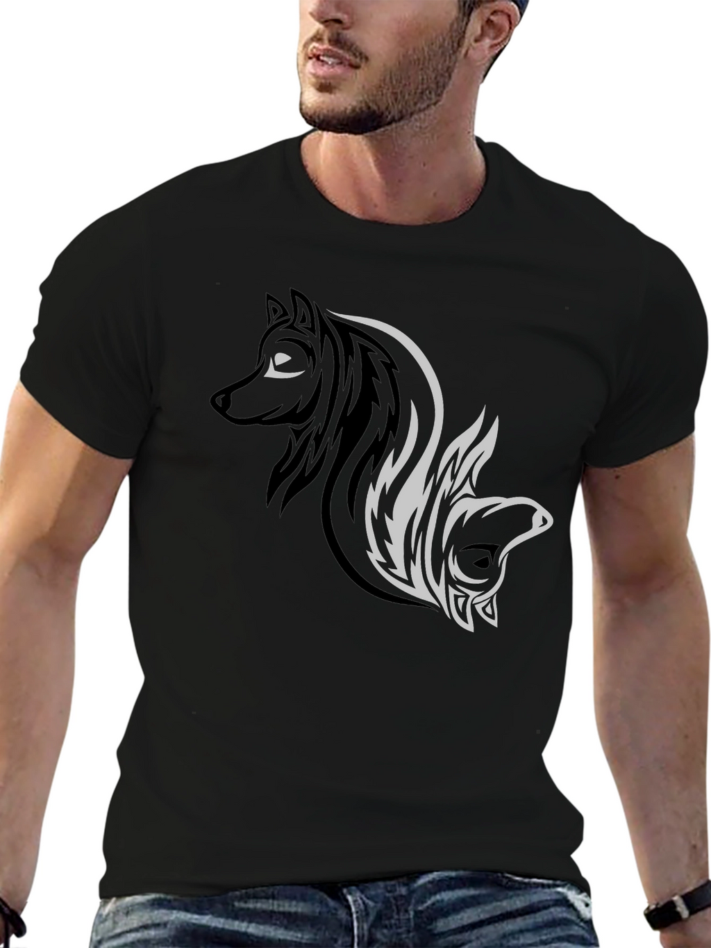 Yin Yang Wolf & Bear Black Graphic Tee