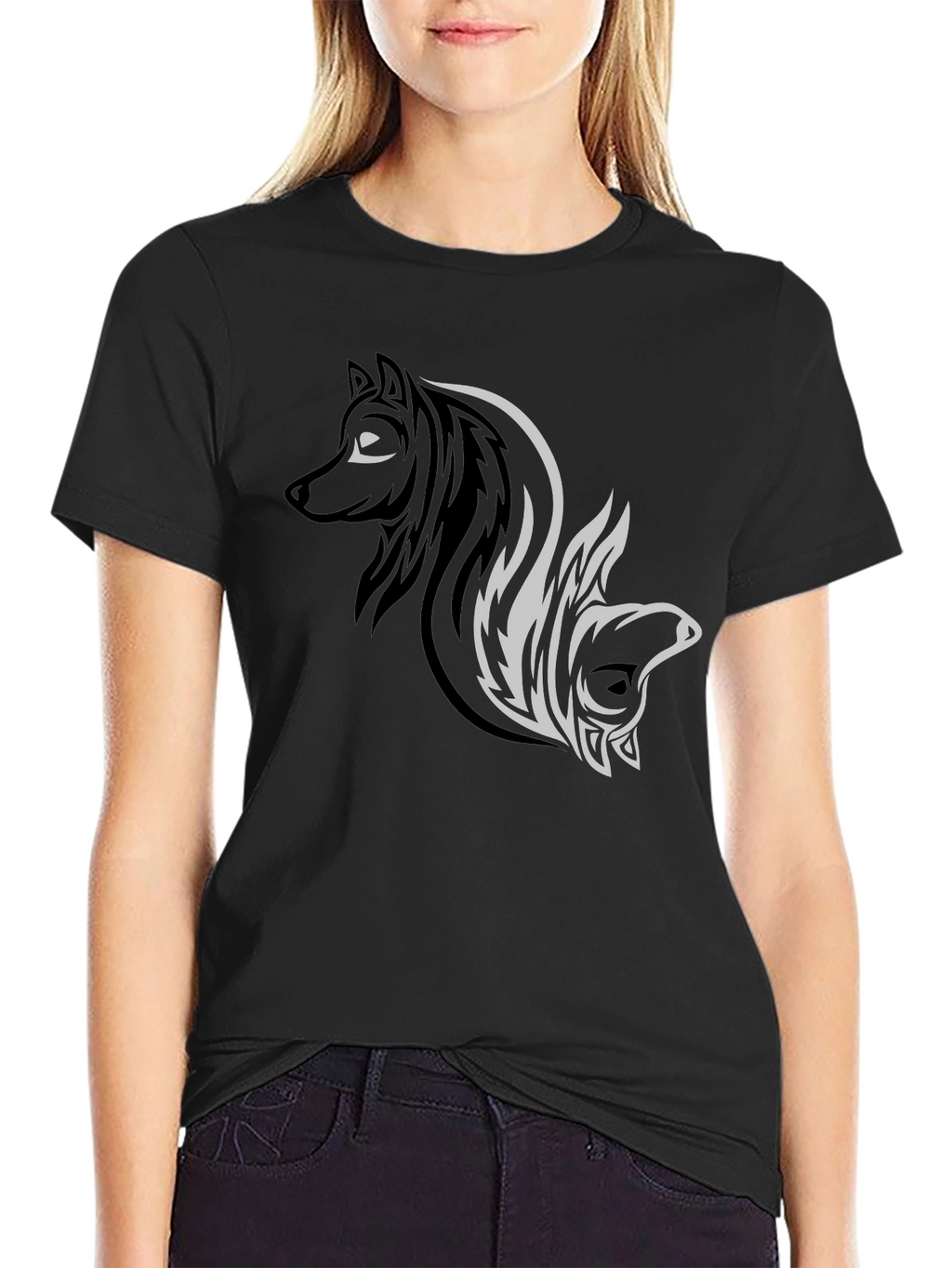 Yin Yang Wolf & Bear Black Graphic Tee