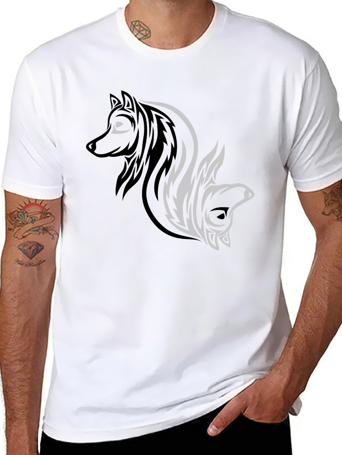 Yin Yang Wolf & Bear Black Graphic Tee