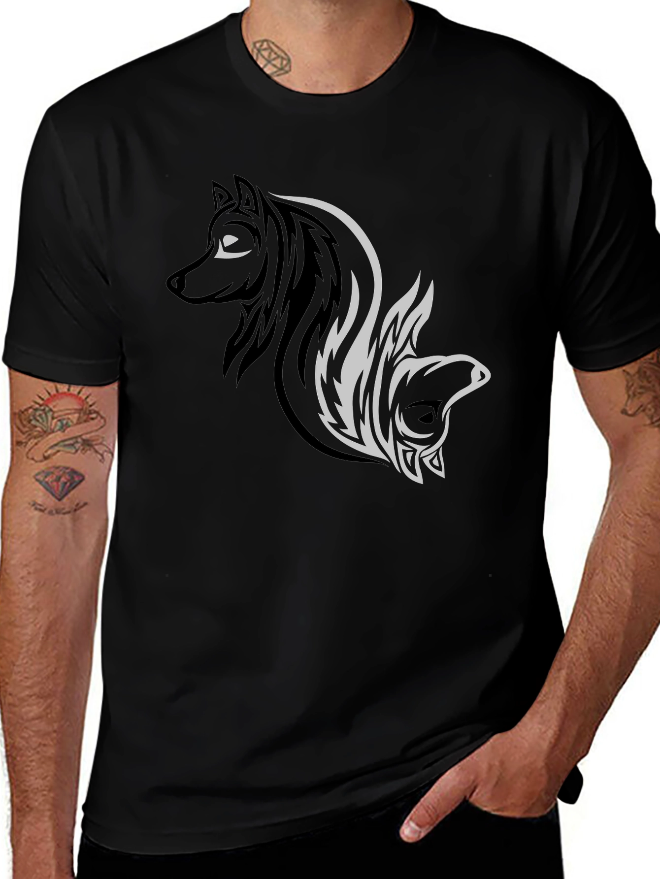 Yin Yang Wolf & Bear Black Graphic Tee