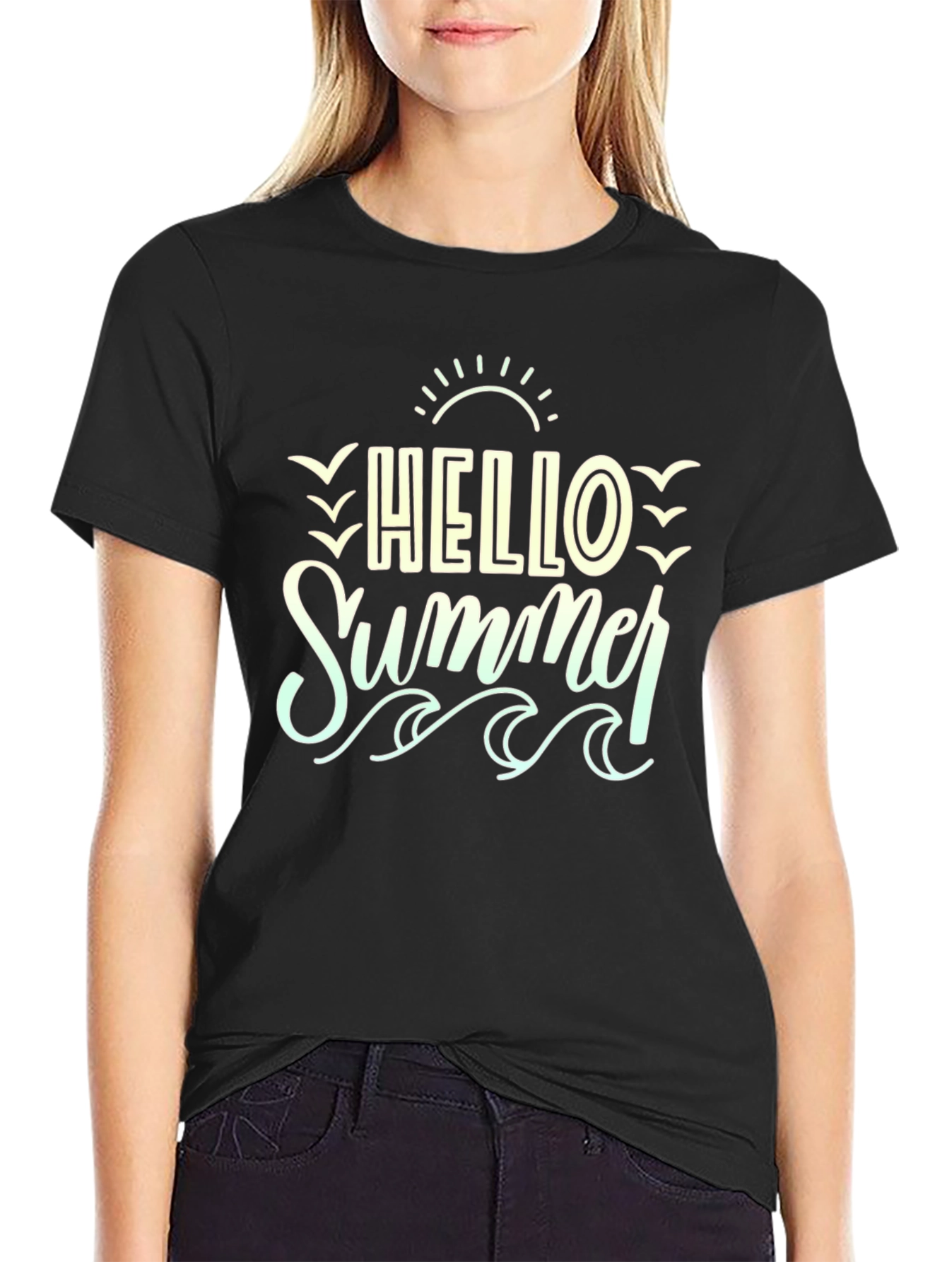 Hello Summer T-Shirt - Black Beach Vibe
