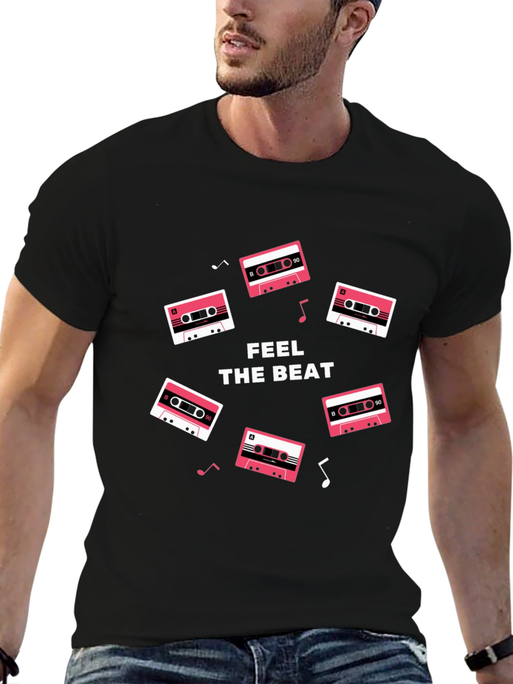 Retro Cassette Feel the Beat Black T-Shirt