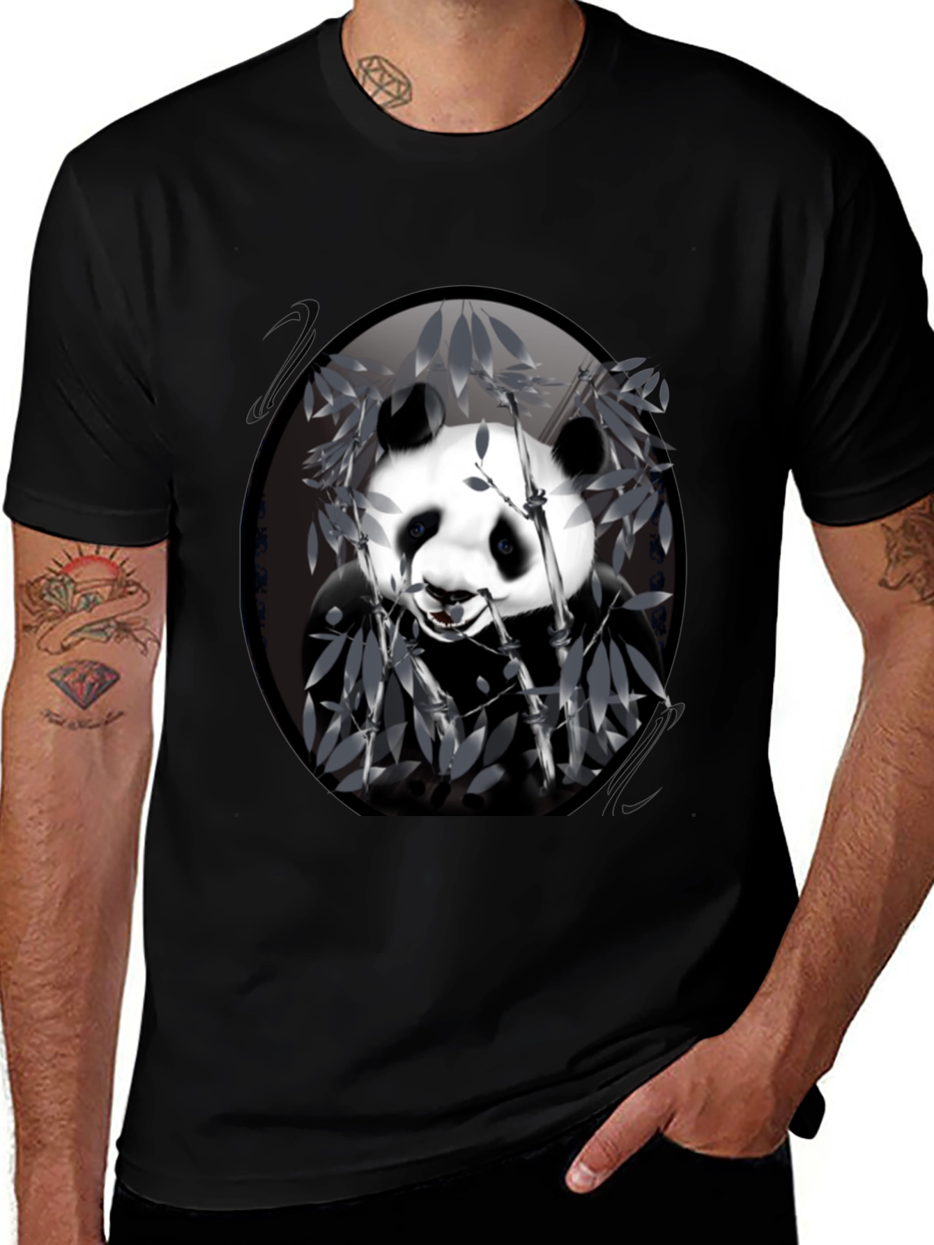 Panda Bamboo Graphic Black T-Shirt - Mens Casual Wear
