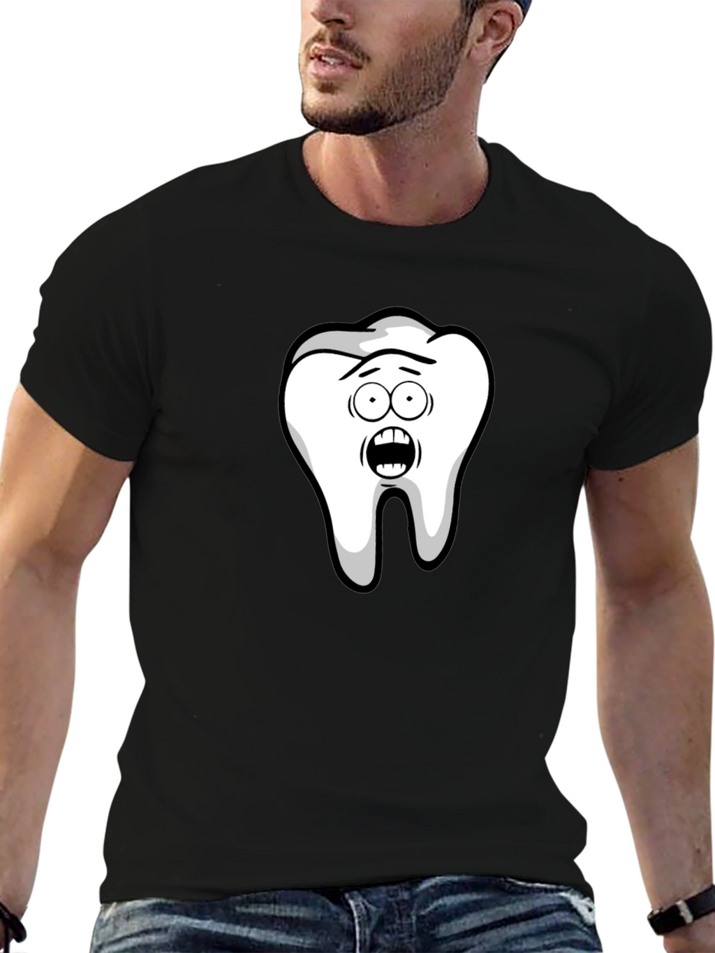 Funny Cartoon Tooth Black T-Shirt