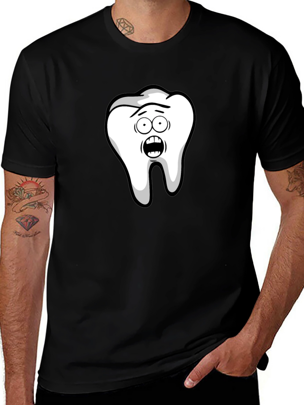 Funny Cartoon Tooth Black T-Shirt