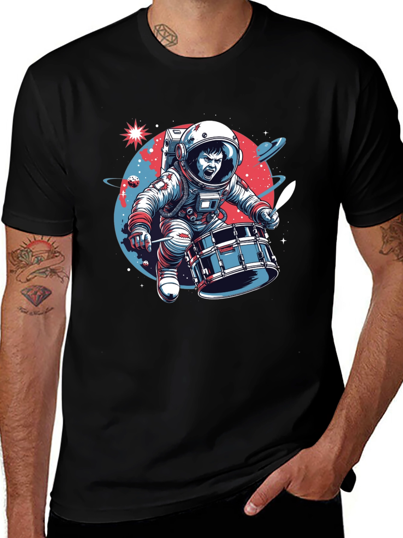 Astronaut Drummer Graphic T-Shirt - Space Band Tee