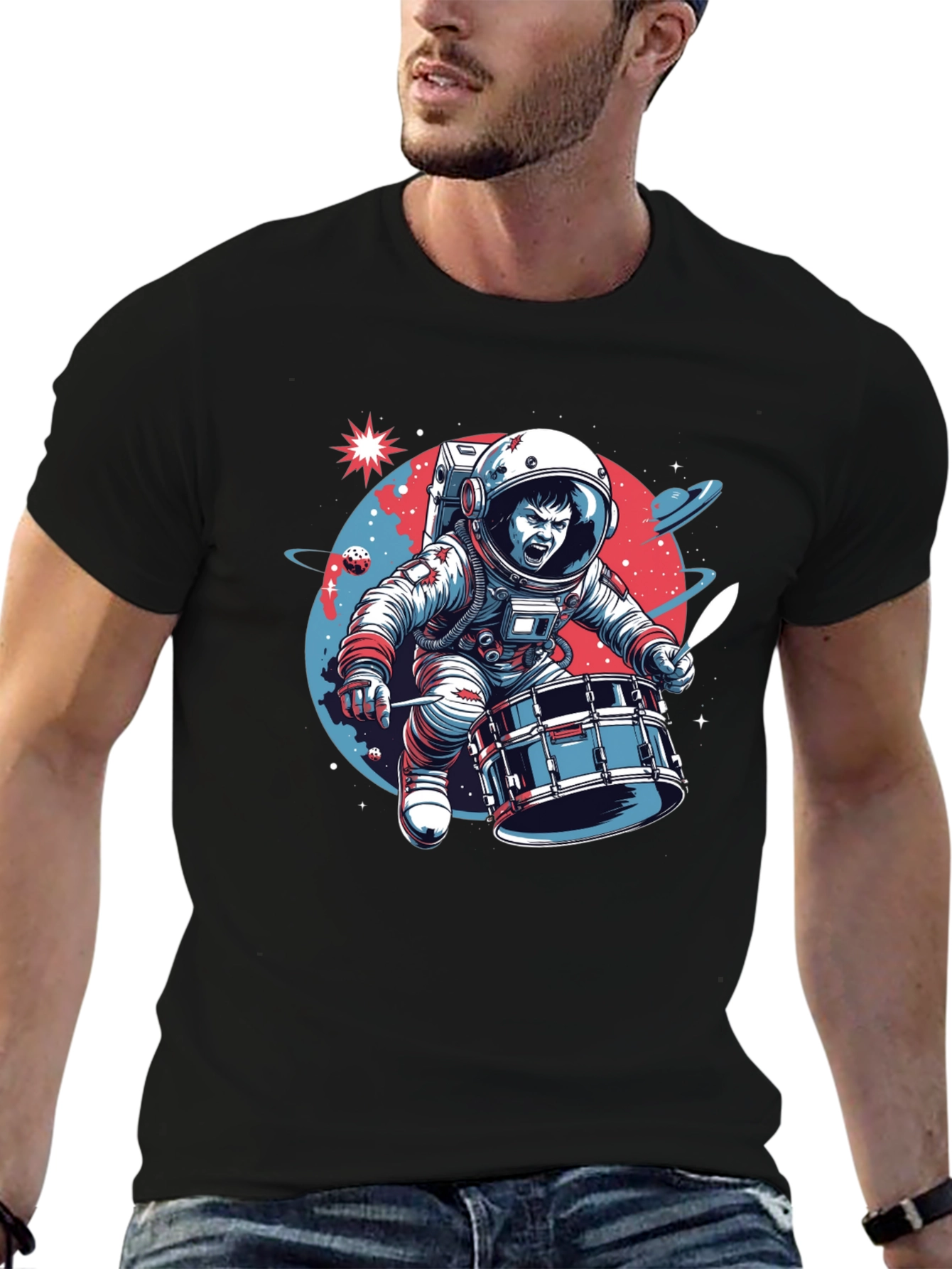 Astronaut Drummer Graphic T-Shirt - Space Band Tee