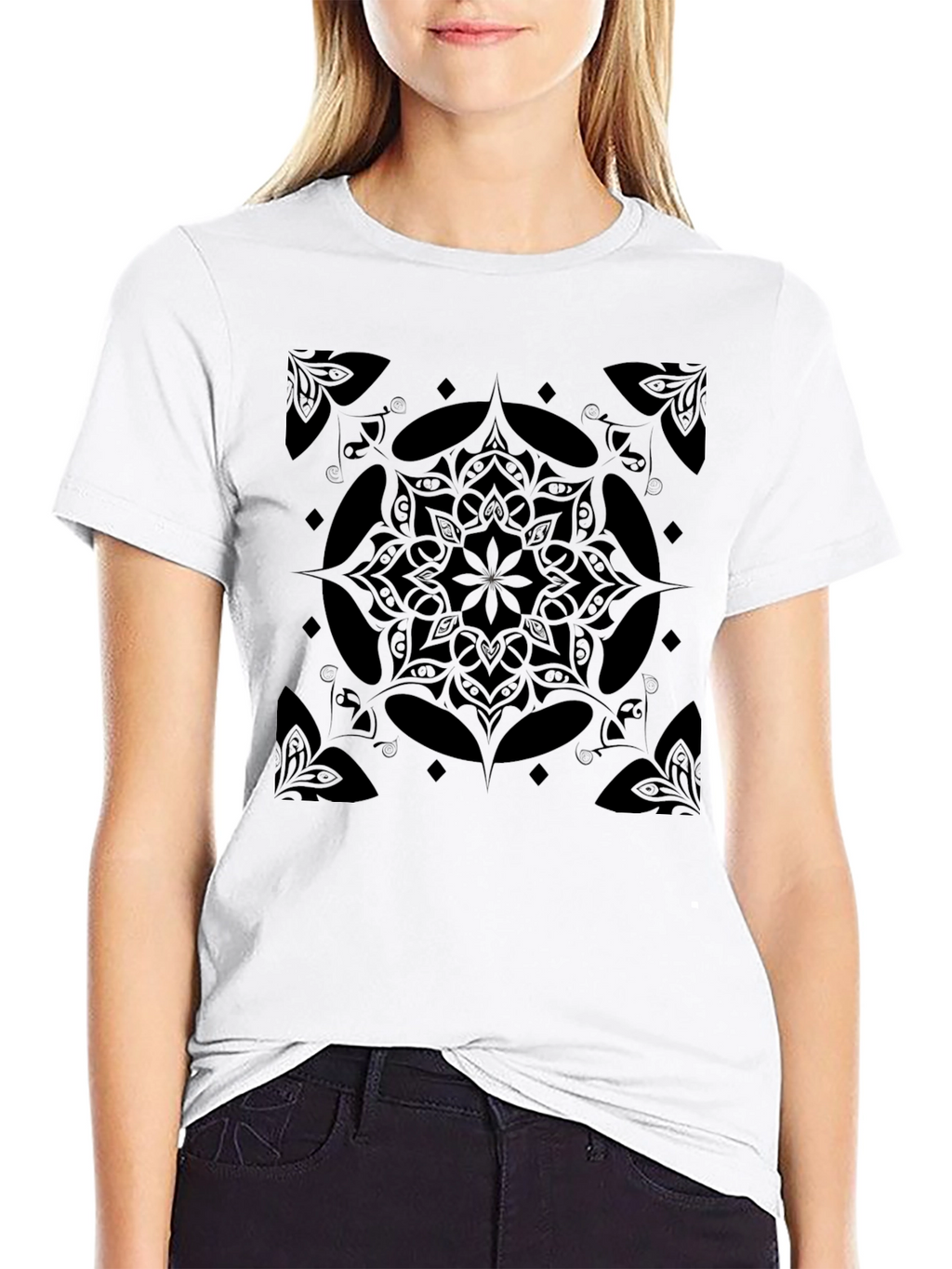 Black Mandala Graphic Print Crew Neck T-Shirt