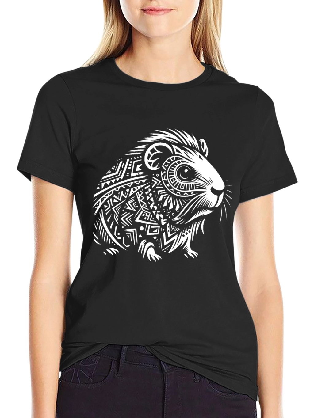 Guinea Pig Tribal Art Print Black T-Shirt