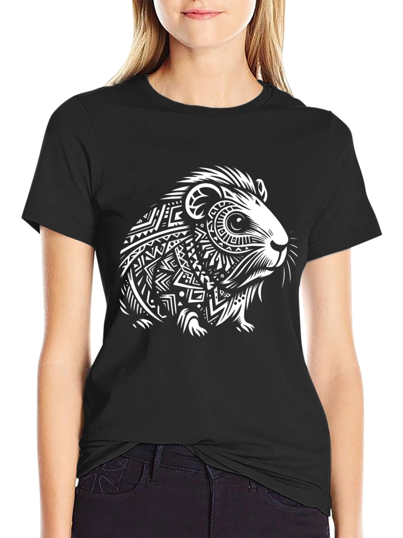 Guinea Pig Tribal Art Print Black T-Shirt