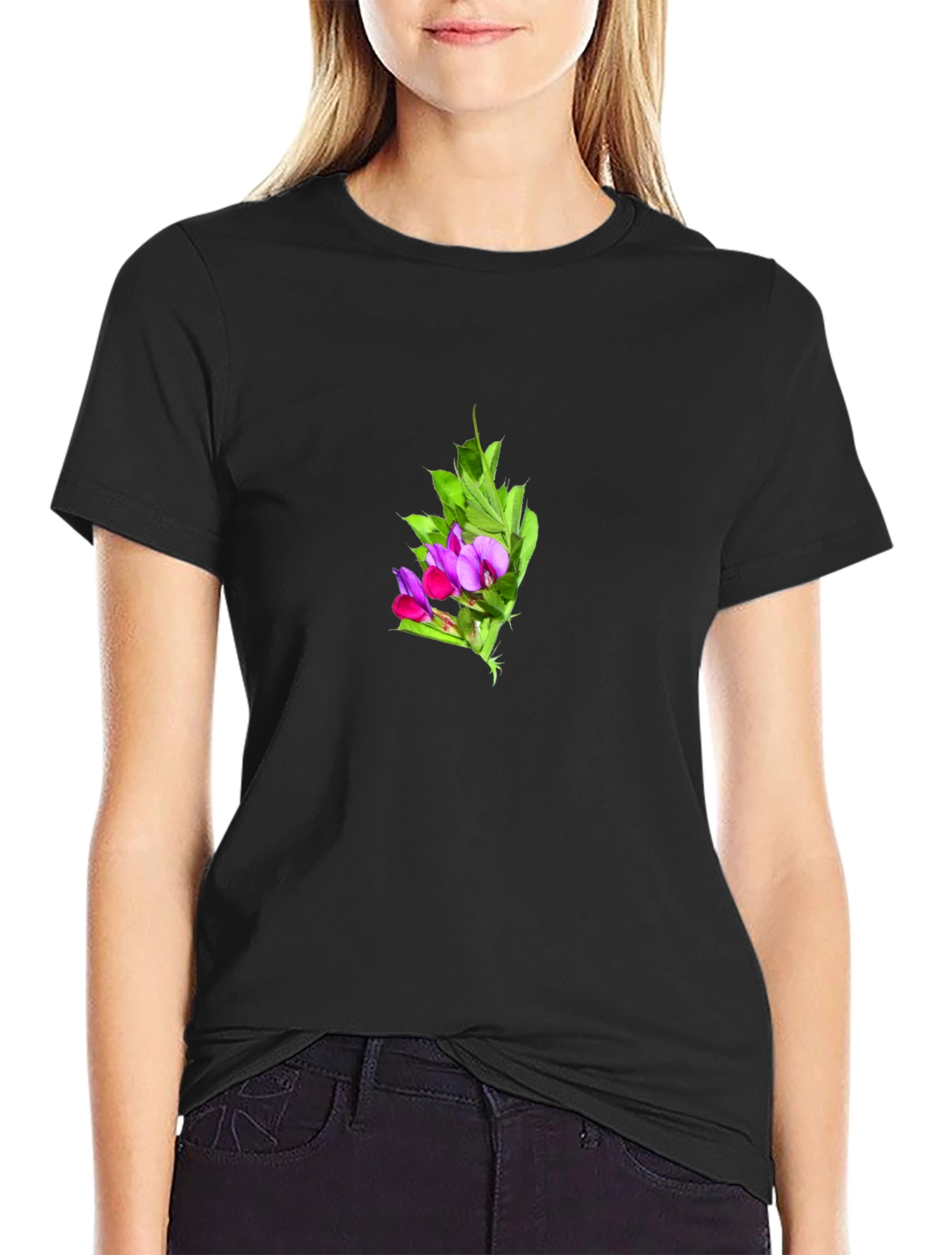 Floral Print Black Tee - Soft & Stylish