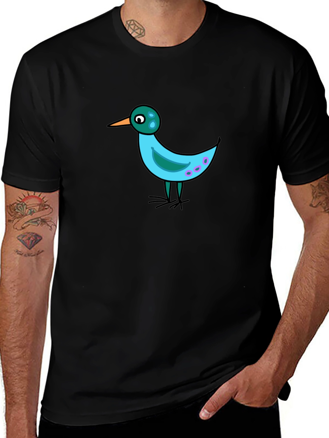Whimsical Bird Graphic Tee - Black Casual Shirt