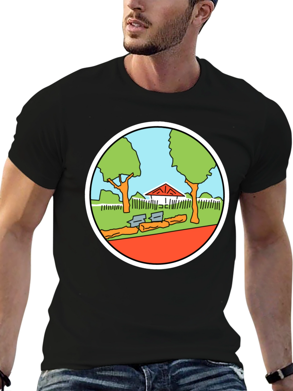 Cartoon Park Graphic Tee - Black Cotton T-Shirt