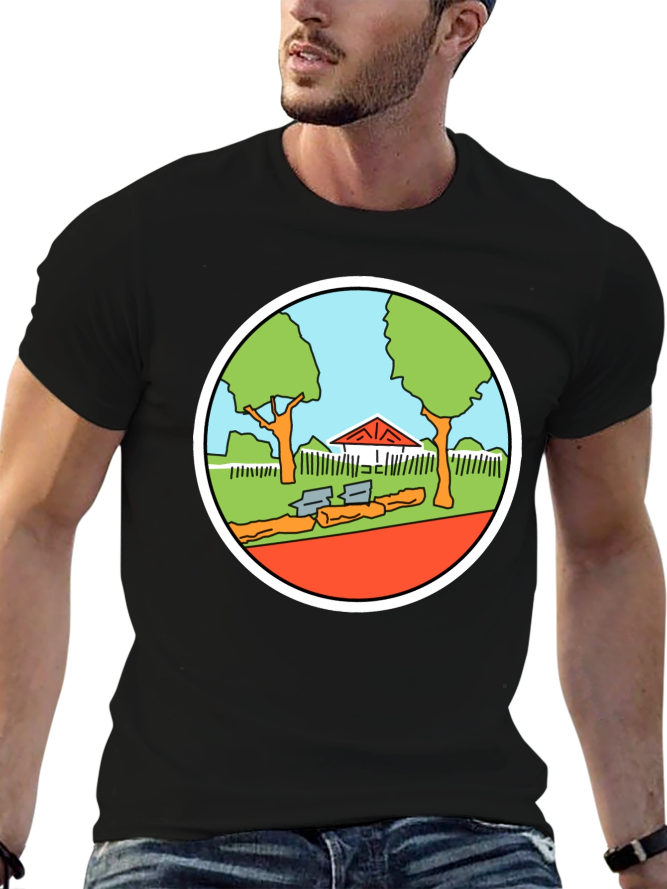 Cartoon Park Graphic Tee - Black Cotton T-Shirt