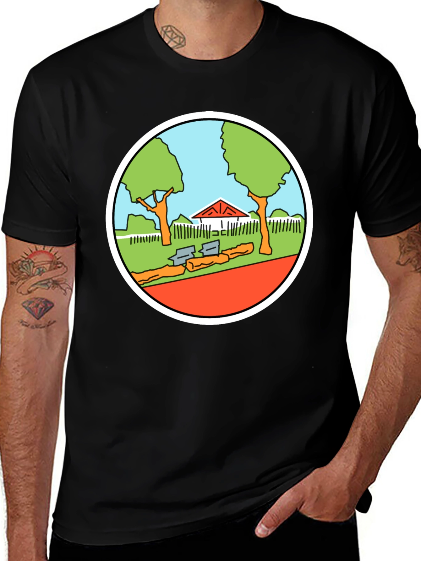 Cartoon Park Graphic Tee - Black Cotton T-Shirt