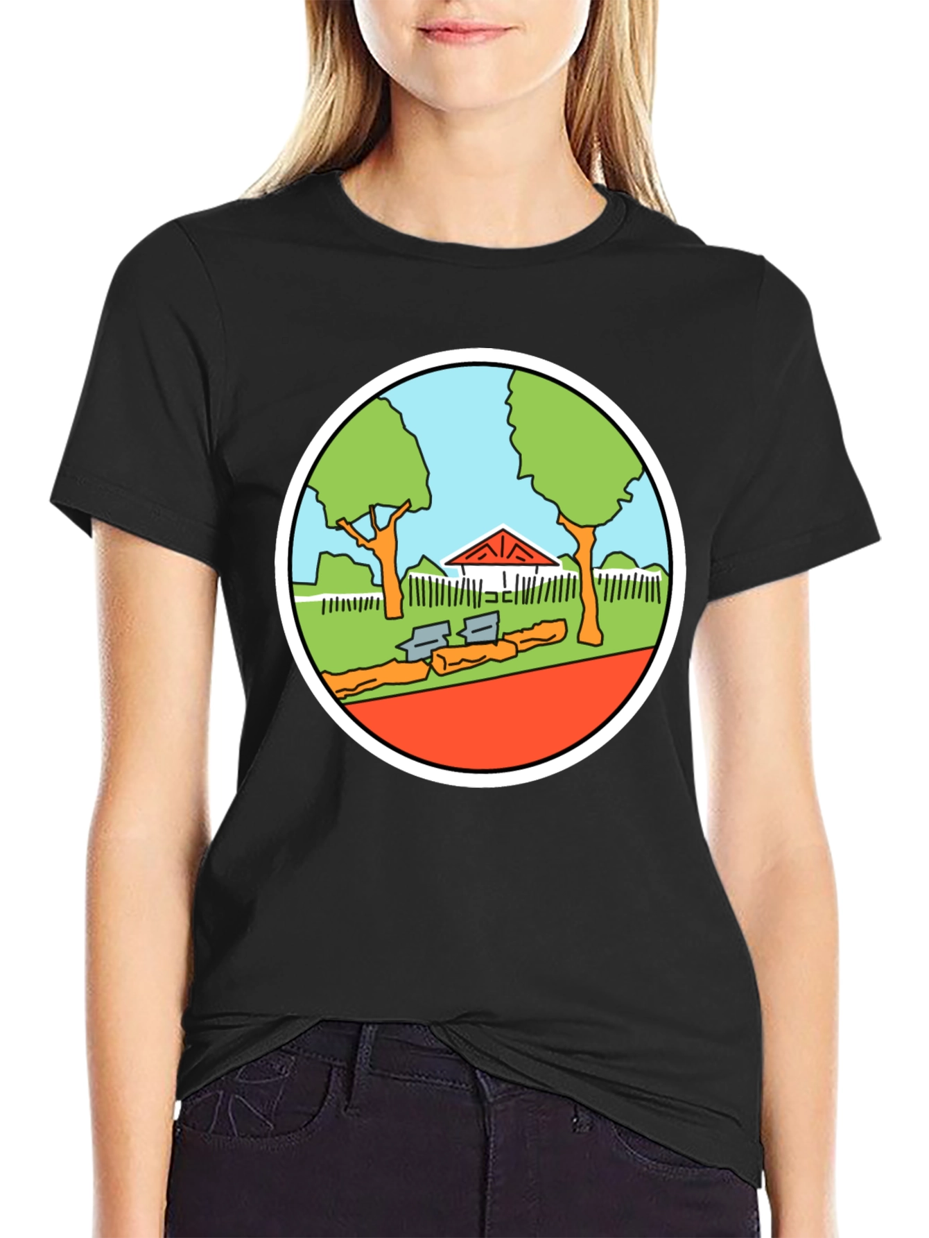 Cartoon Park Graphic Tee - Black Cotton T-Shirt
