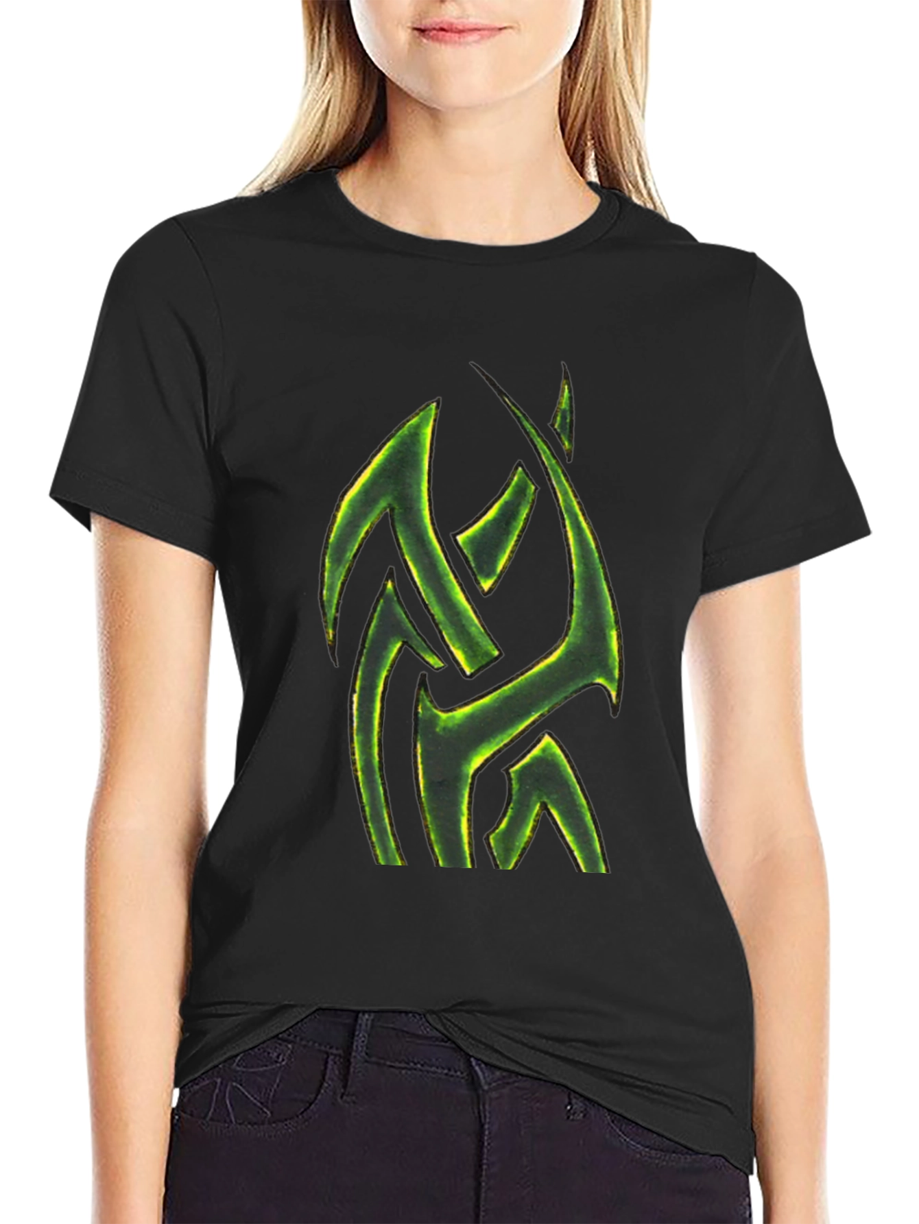 Mens Black T-Shirt with Green Tribal Design