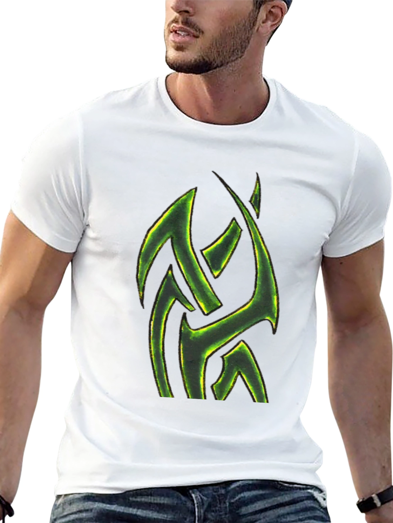 Mens Black T-Shirt with Green Tribal Design