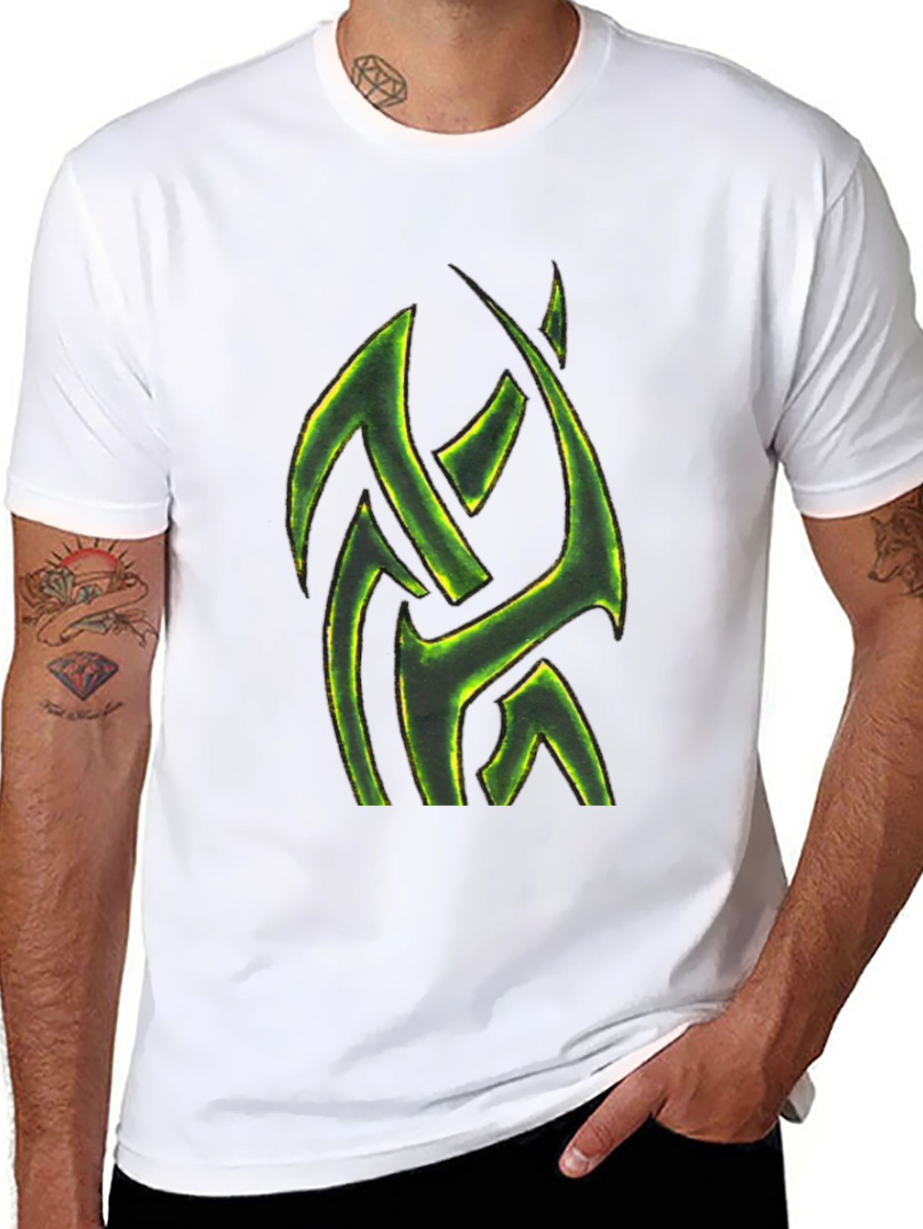 Mens Black T-Shirt with Green Tribal Design