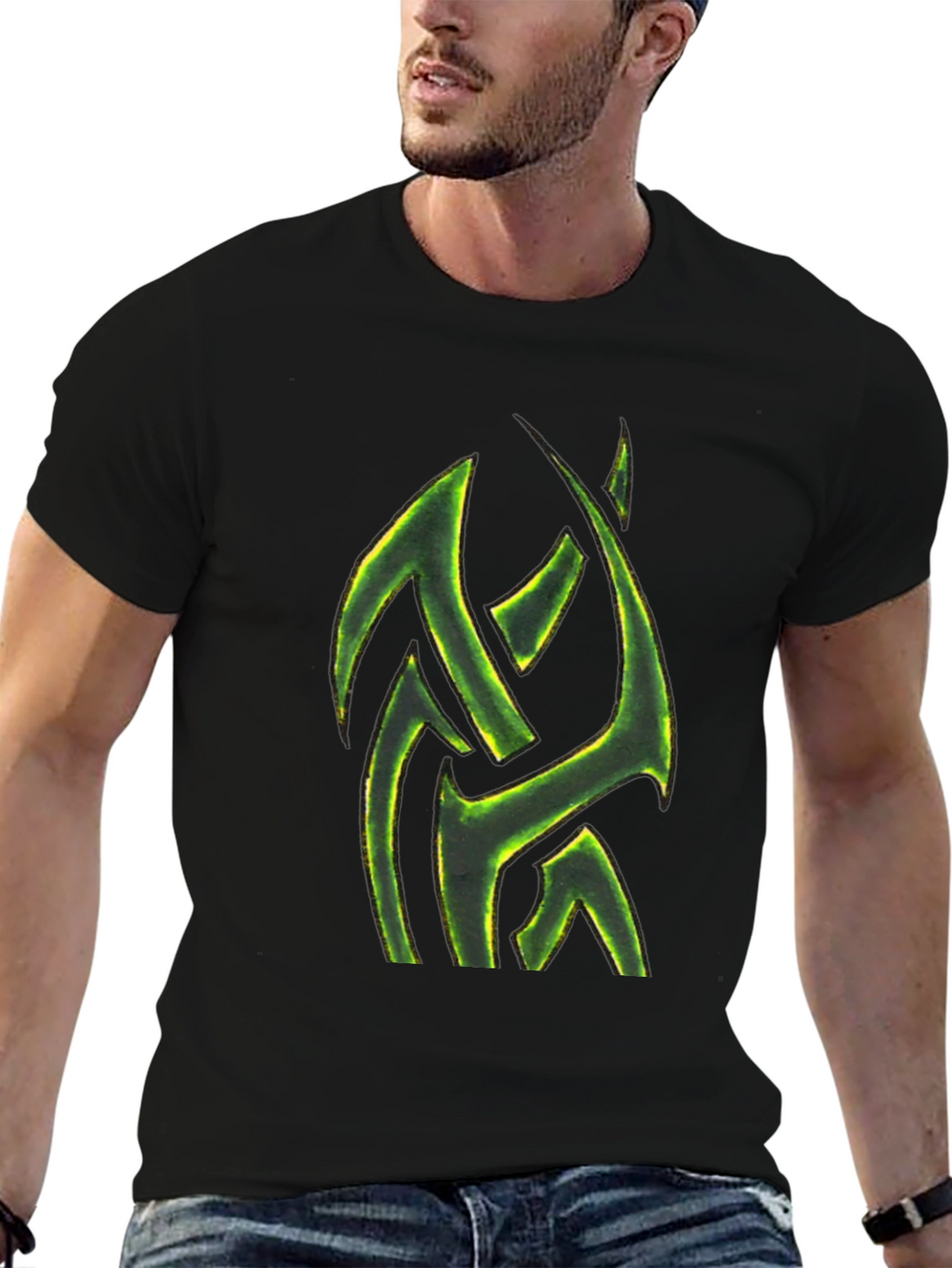 Mens Black T-Shirt with Green Tribal Design