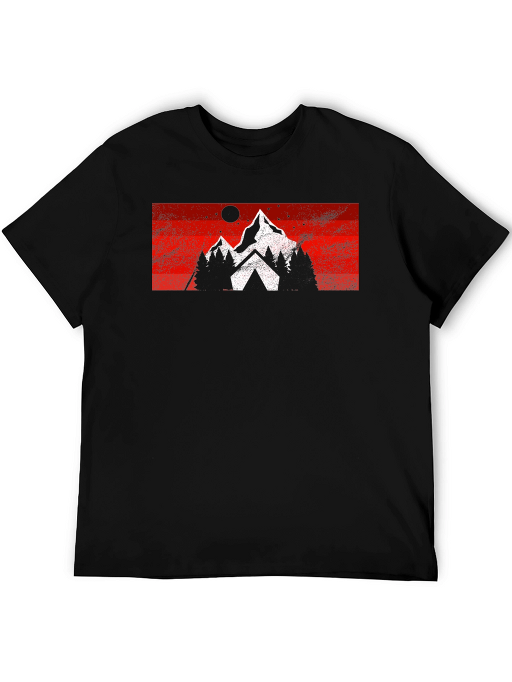 Mountain Scene Graphic Tee - Black Cotton Casual T-Shirt