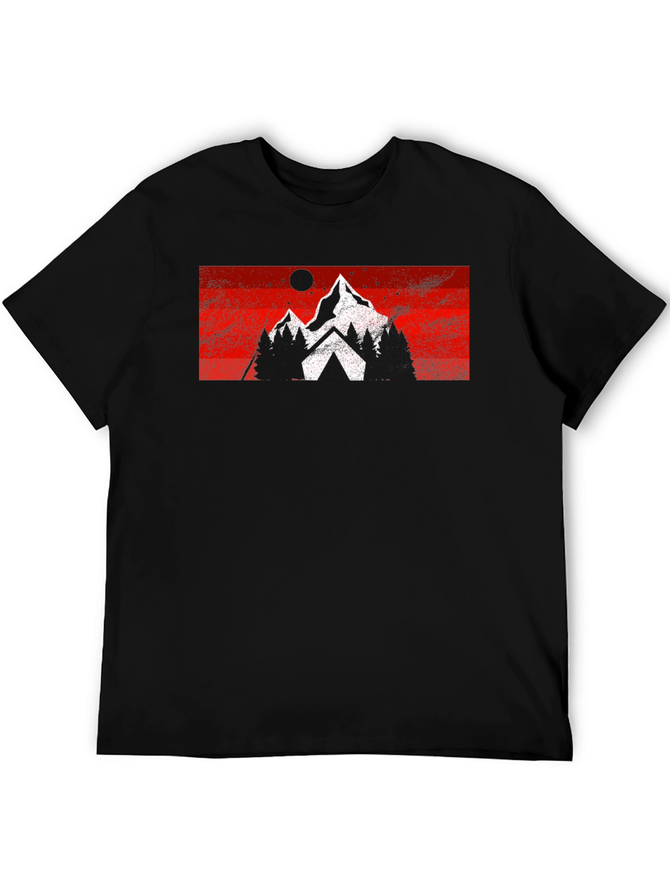 Mountain Scene Graphic Tee - Black Cotton Casual T-Shirt