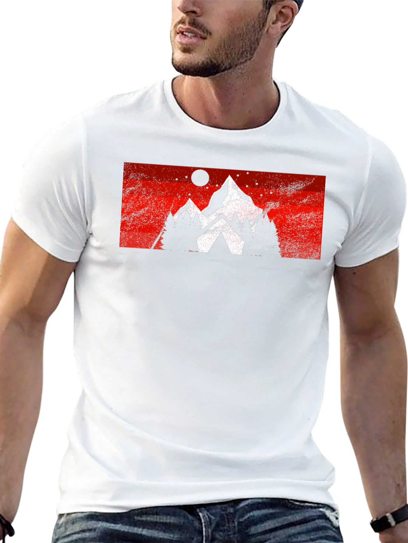 Mountain Scene Graphic Tee - Black Cotton Casual T-Shirt